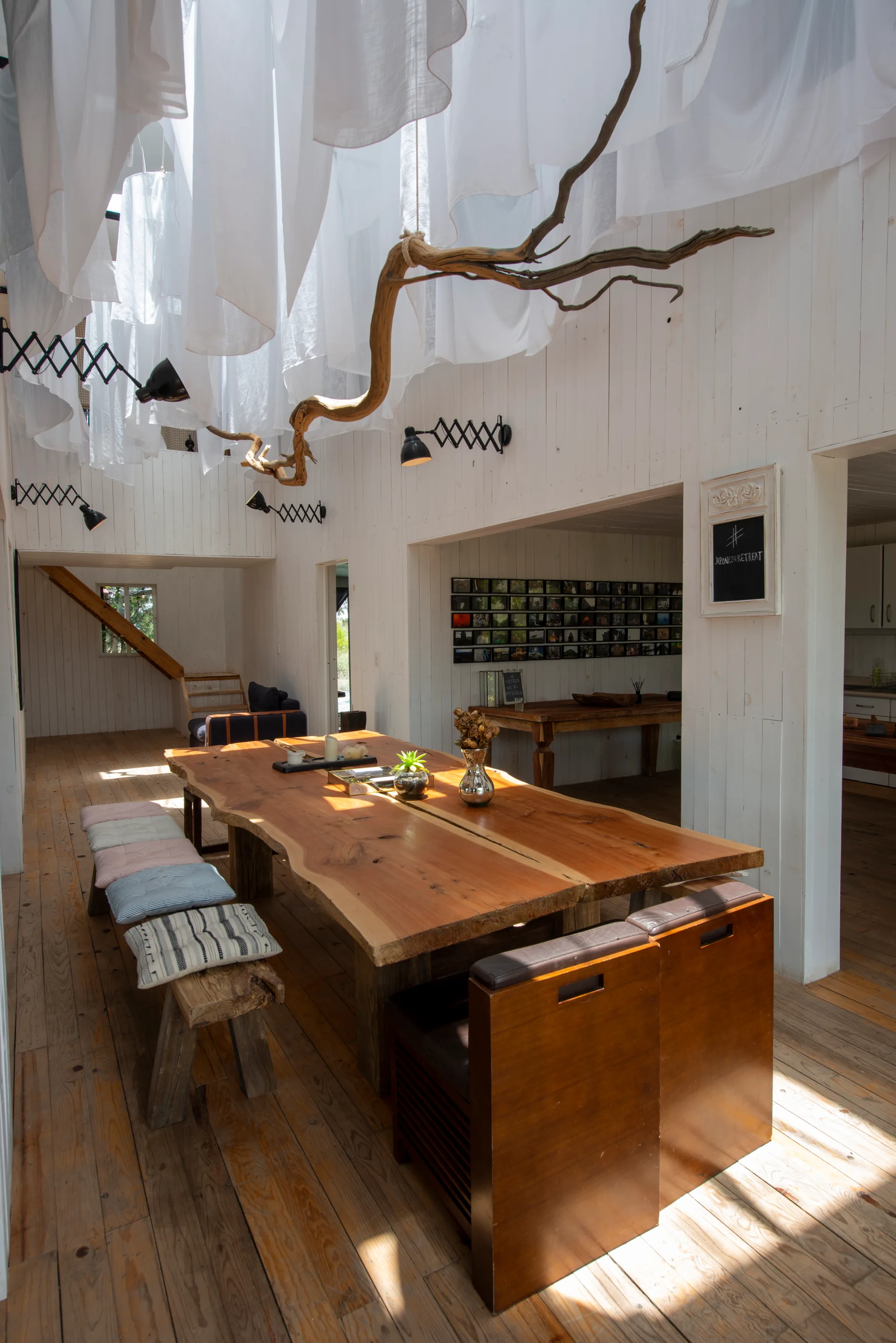 A rustic dining room featuring a large live-edge wood dining table with cushioned benches, white wood-planked walls, and white fabric draped across the ceiling.