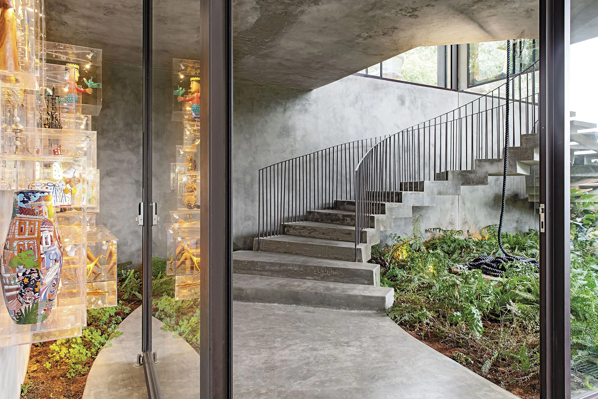 A modern concrete floating staircase with a slim black railing rises above an indoor garden of lush green ferns against raw concrete walls.