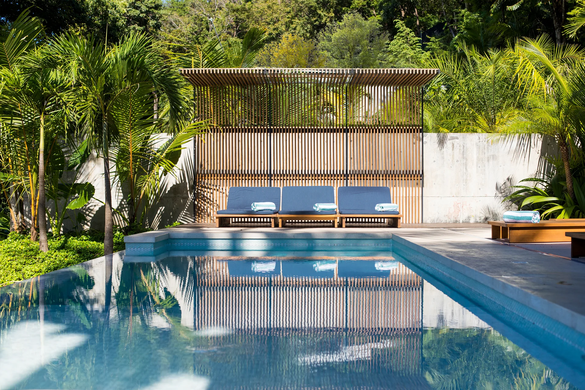 Three blue lounge chairs rest on a wood deck next to a swimming pool, backed by a wooden slatted screen, concrete wall, and tropical foliage.