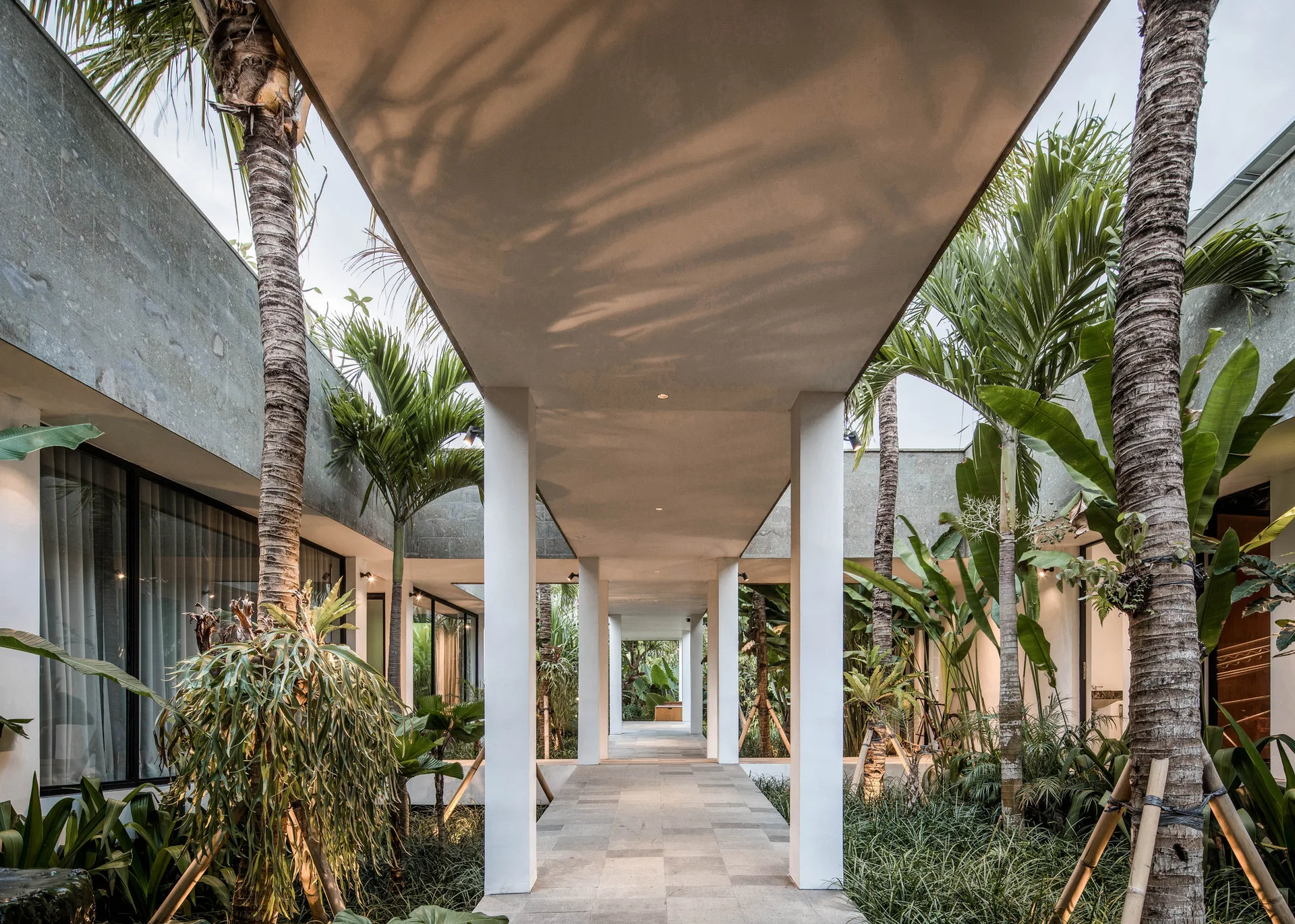 A covered walkway with white columns and grey stone pavers extends through a courtyard filled with lush palm trees and tropical plants.