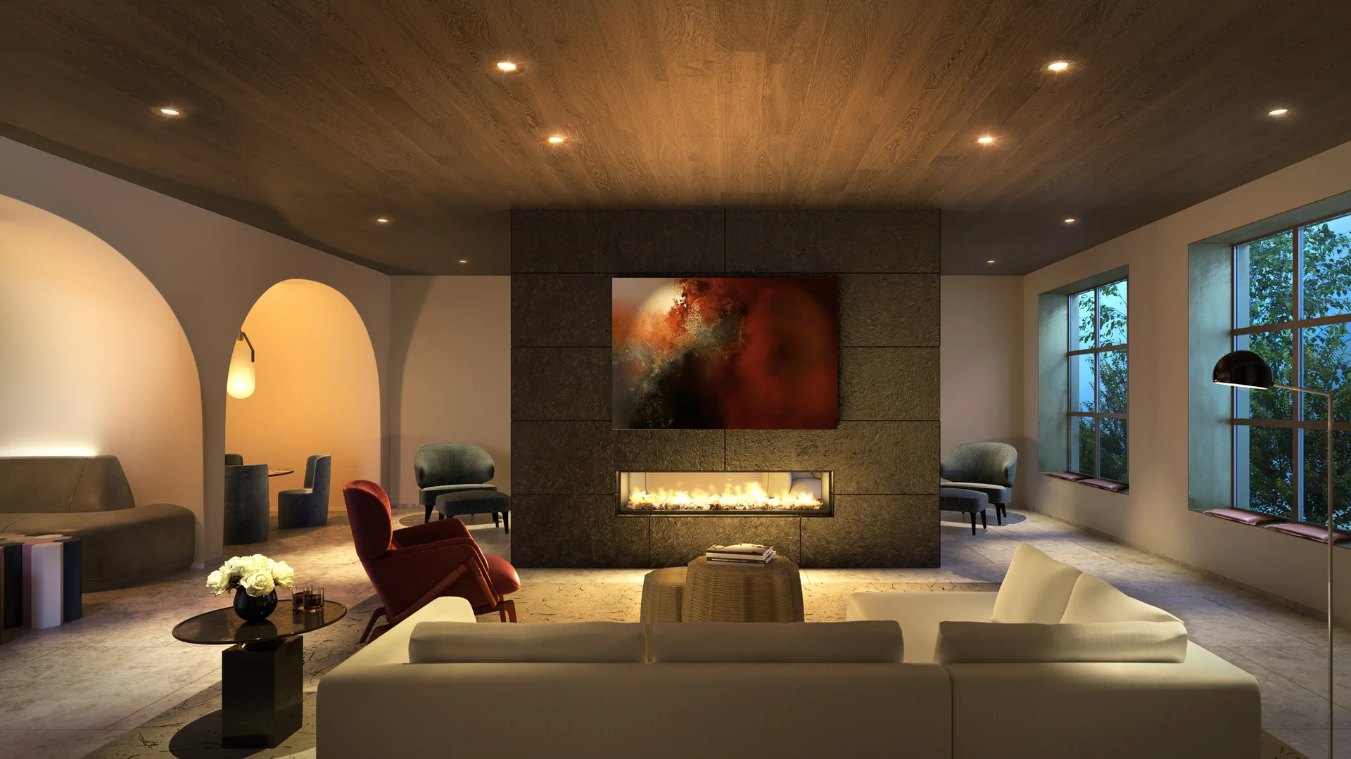 A modern living room features a central dark stone fireplace, a large cream sectional sofa, arched wall openings, and a wood plank ceiling.