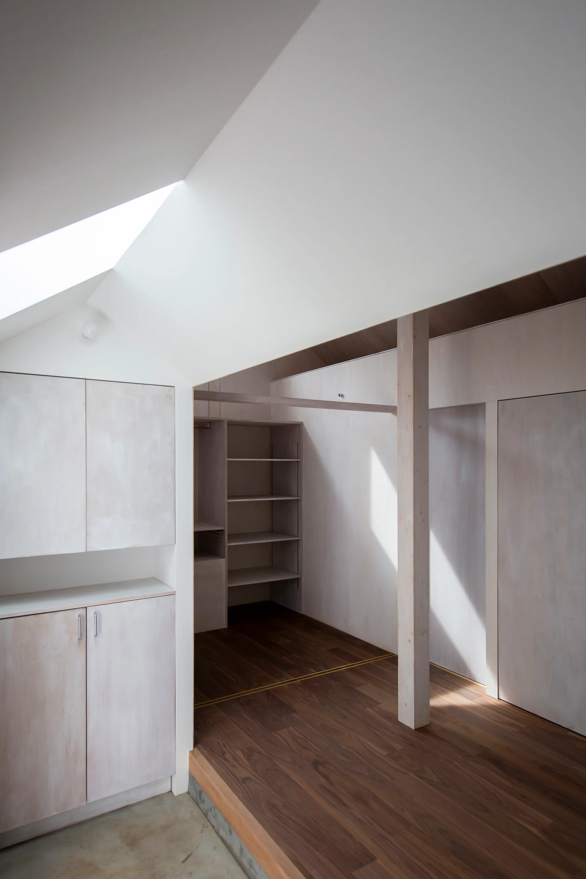 A minimalist attic closet features whitewashed plywood cabinetry, dark wood flooring, and a triangular skylight set into a sloped ceiling.
