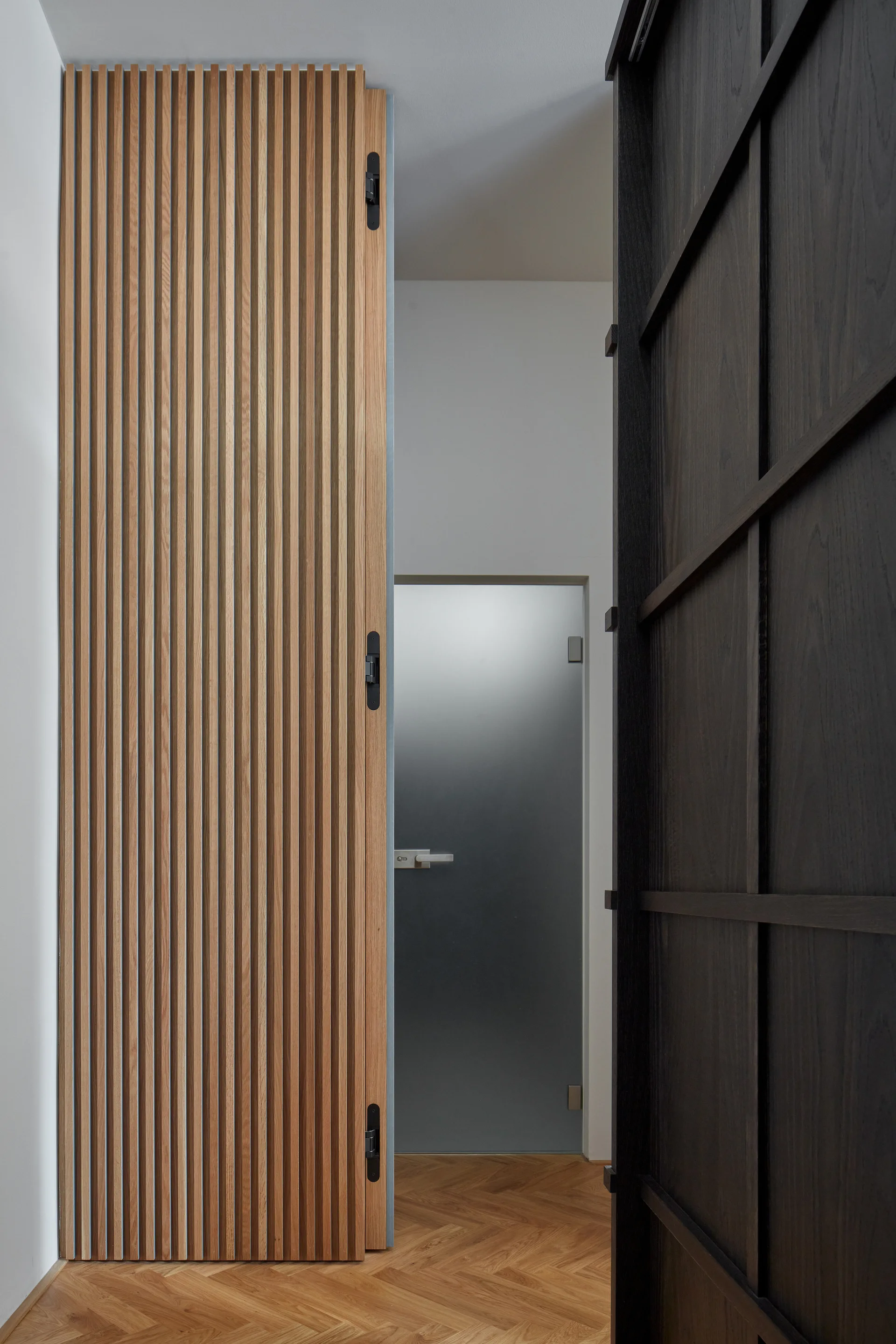 A modern hallway features a tall light wood slatted door, a dark wood grid panel, a frosted glass door, and light oak herringbone flooring.
