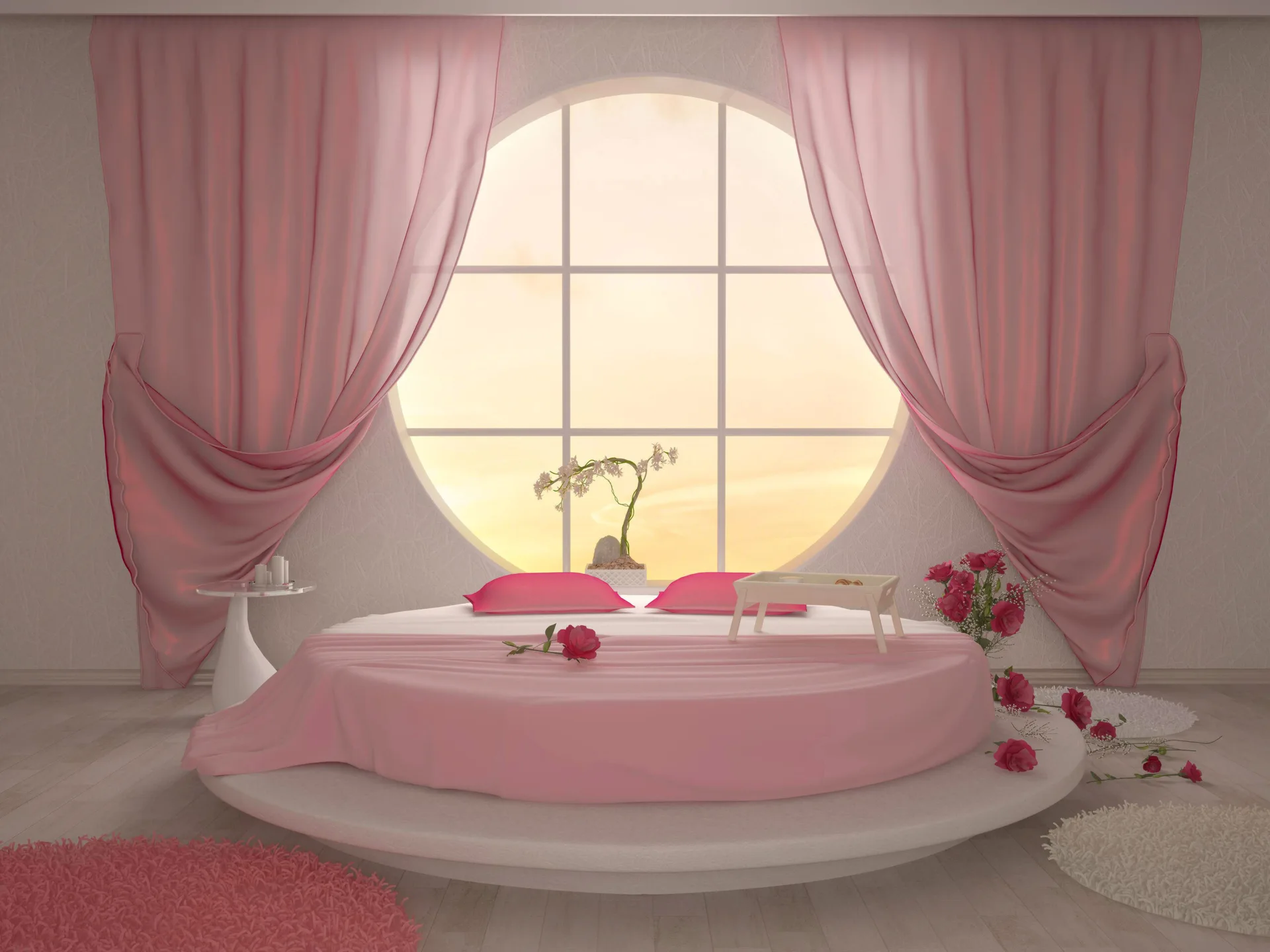 A round white platform bed with pink bedding sits directly in front of a massive circular window framed by draped pink curtains.