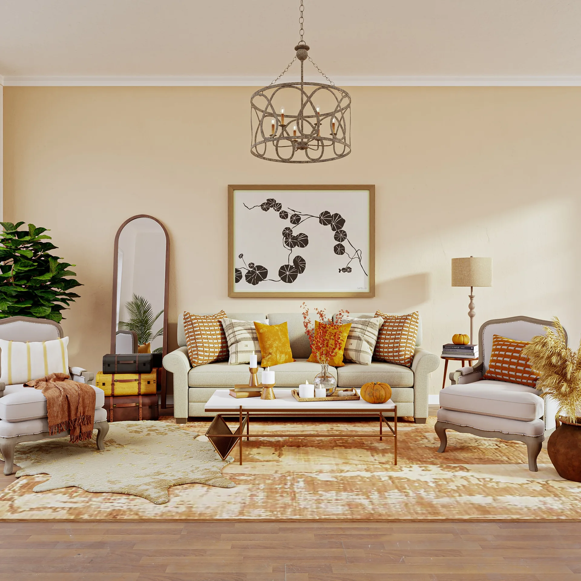 A warm beige living room features a symmetrical layout with a central sofa, two classic armchairs, stacked vintage trunks, and an arched mirror.
