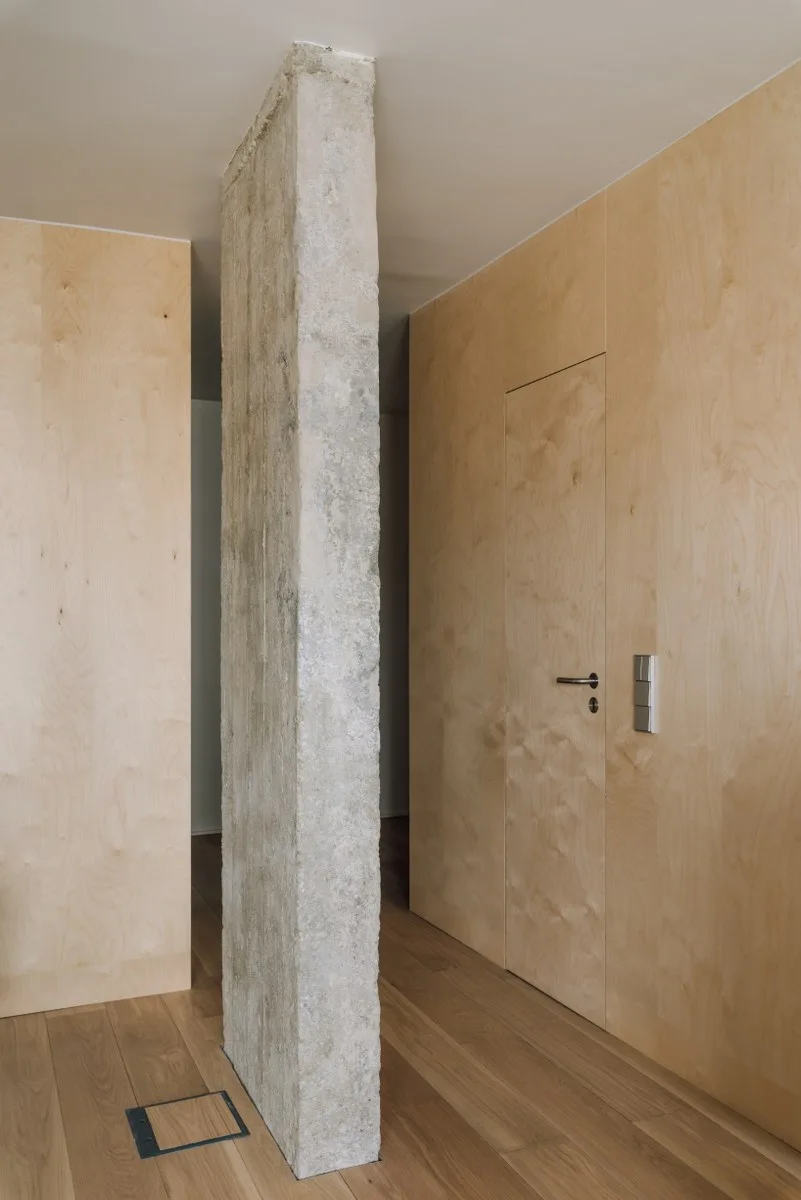 A minimalist hallway featuring light wood plywood paneled walls, a flush door, wood plank flooring, and a central rough concrete column.