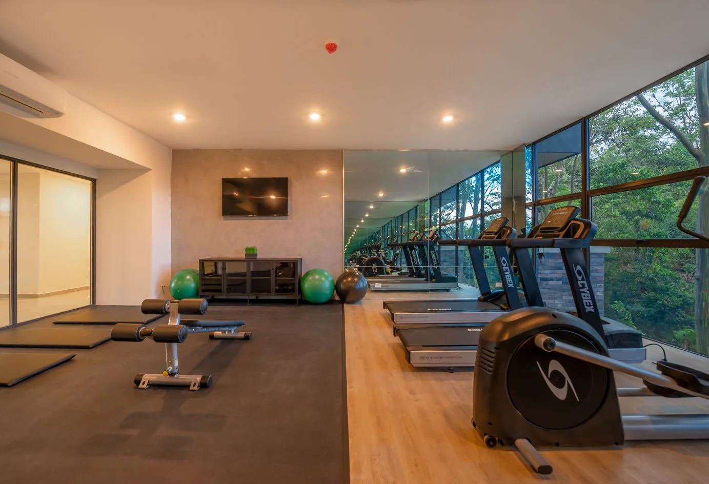 A home gym features treadmills on light wood flooring, an exercise bench on black rubber mats, a mirrored wall, and windows overlooking trees.