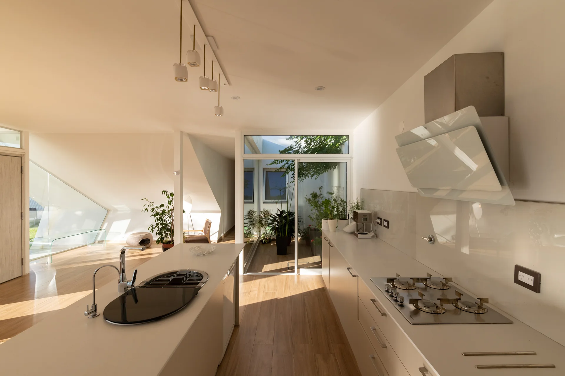 A minimalist kitchen with white cabinetry, a central island, and wood floors leads to a glass-enclosed indoor atrium filled with green plants.