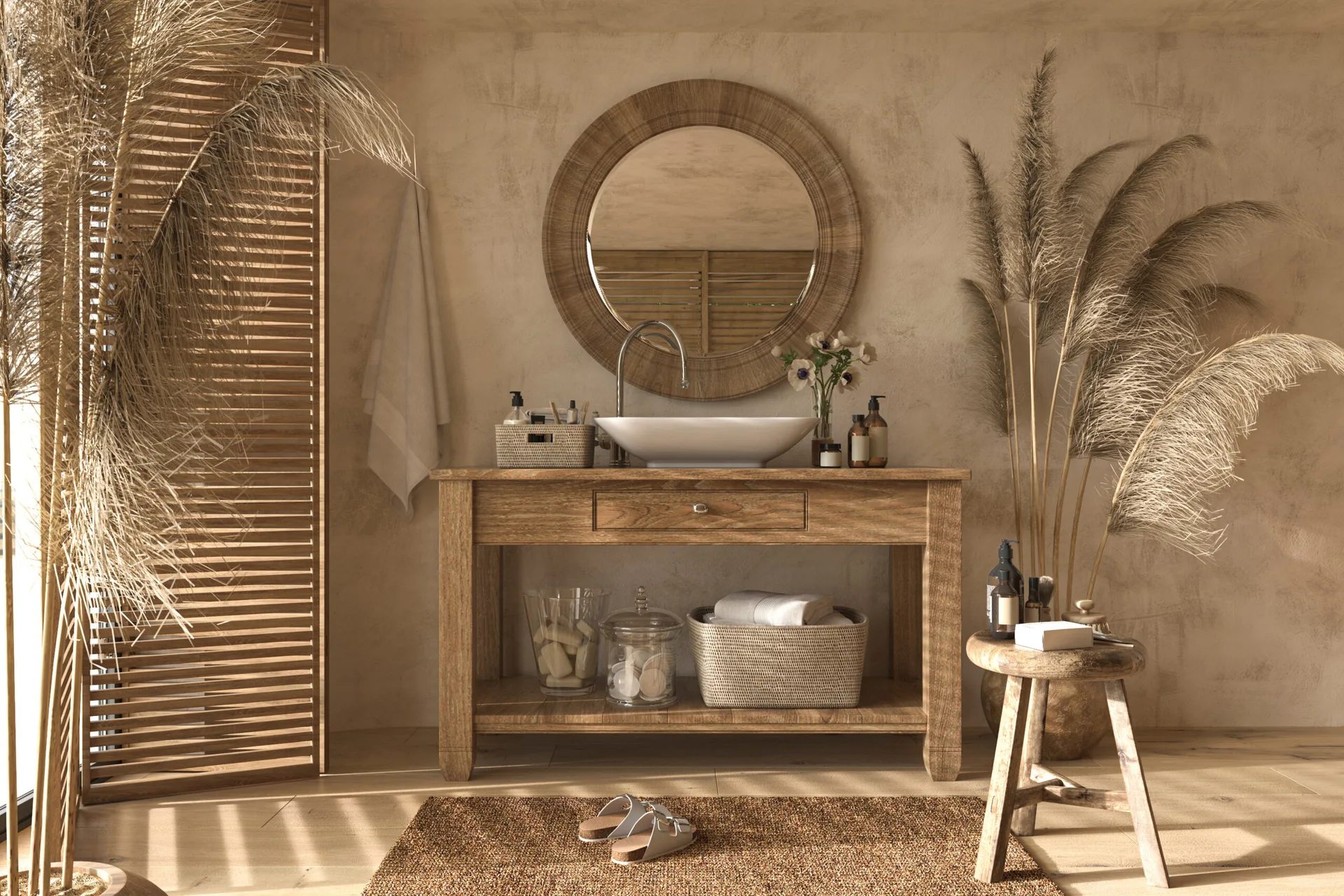 A bathroom vanity features a wooden console table with a white vessel sink, a round wood-framed mirror, and a slatted folding screen.