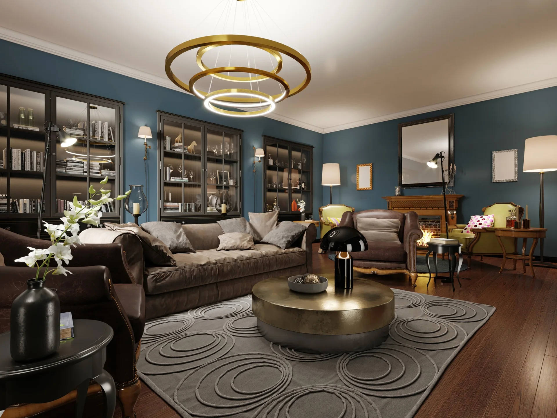 A dark teal living room features a brown leather sofa, glass-front cabinets, a round gold coffee table, and a golden multi-ring chandelier.