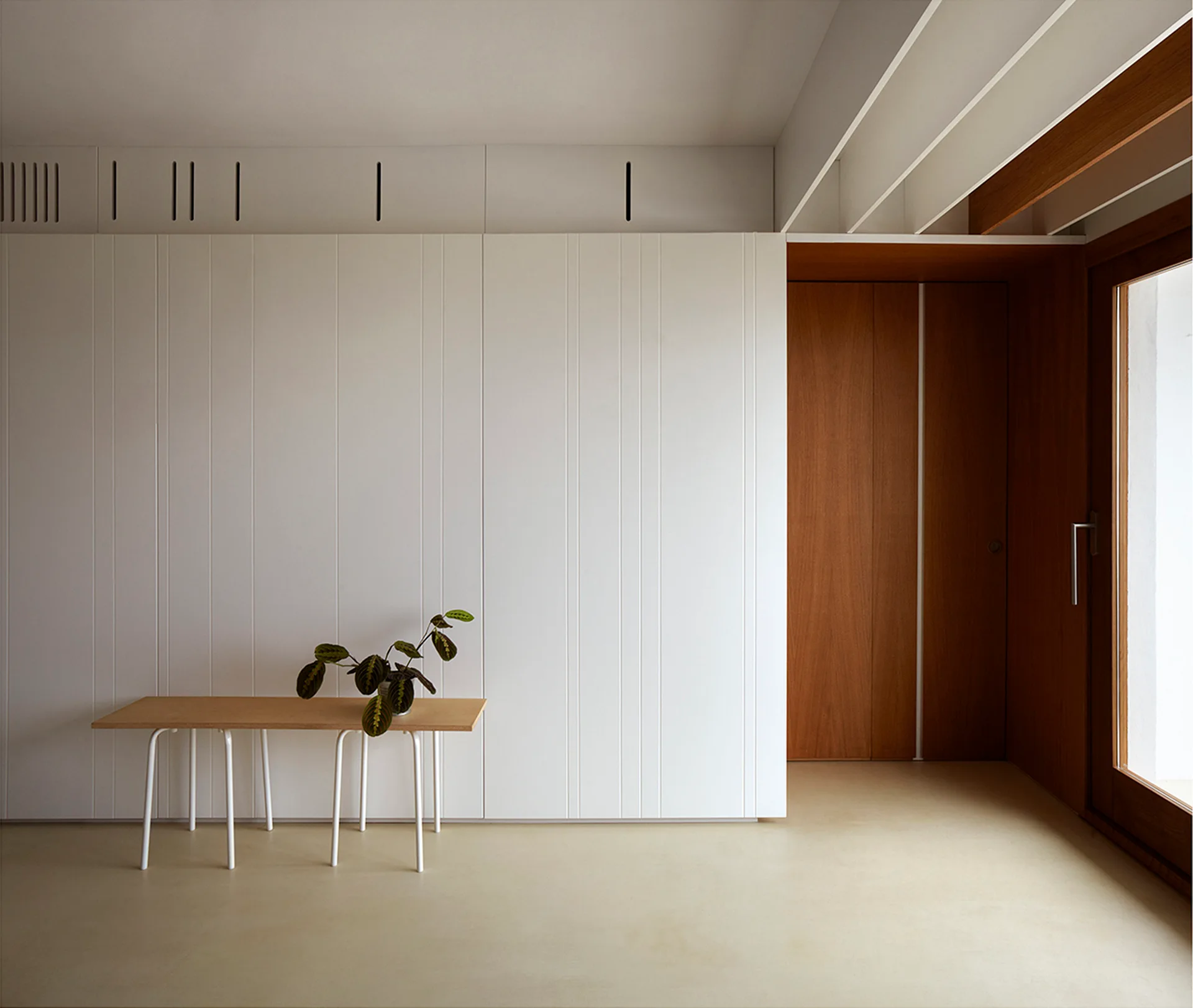A minimalist entryway features a white paneled storage wall, a slim wooden console table with a potted plant, and a warm wood door.