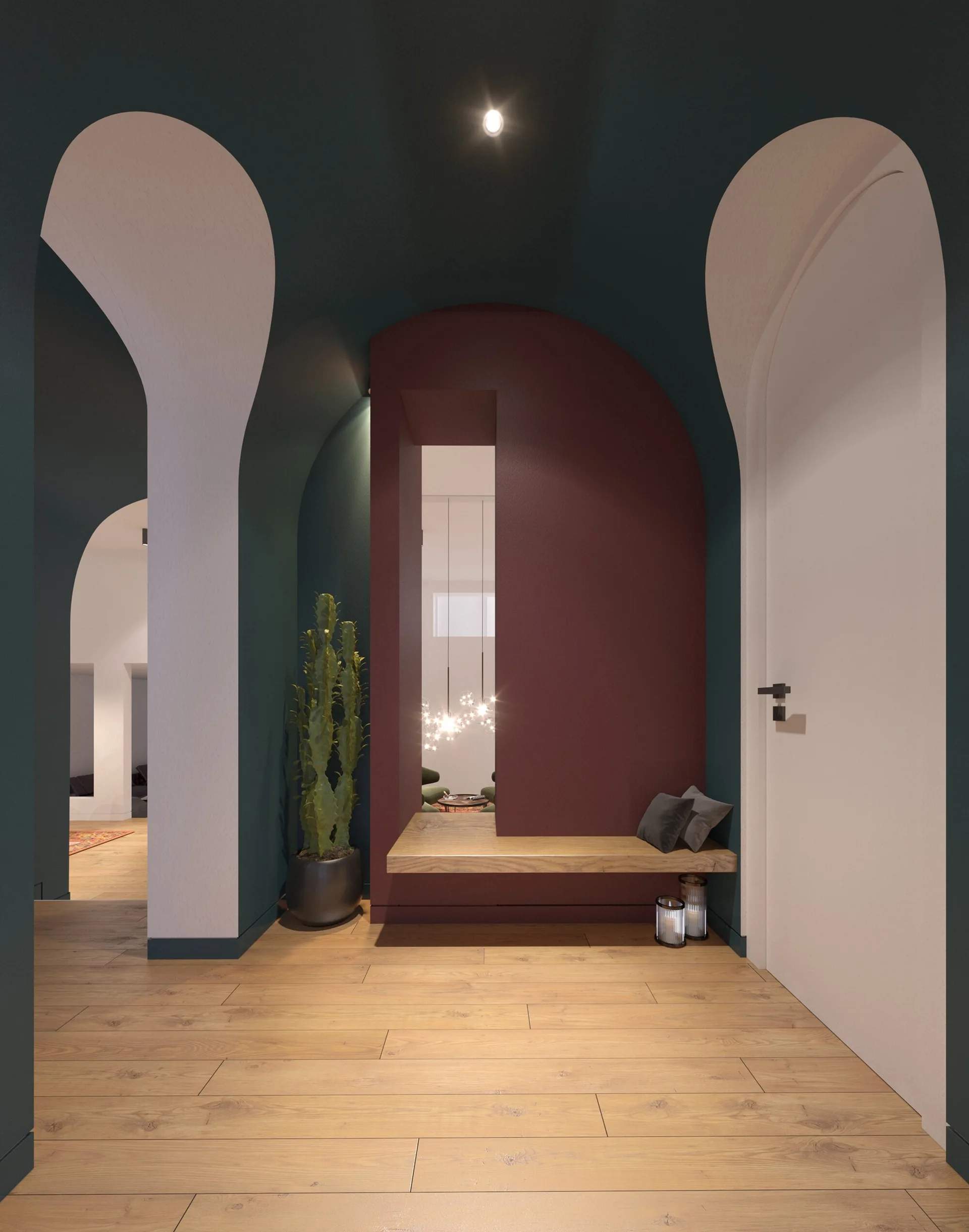 A dark green entryway features white and green archways, light wood flooring, and a built-in wooden bench in a burgundy alcove.