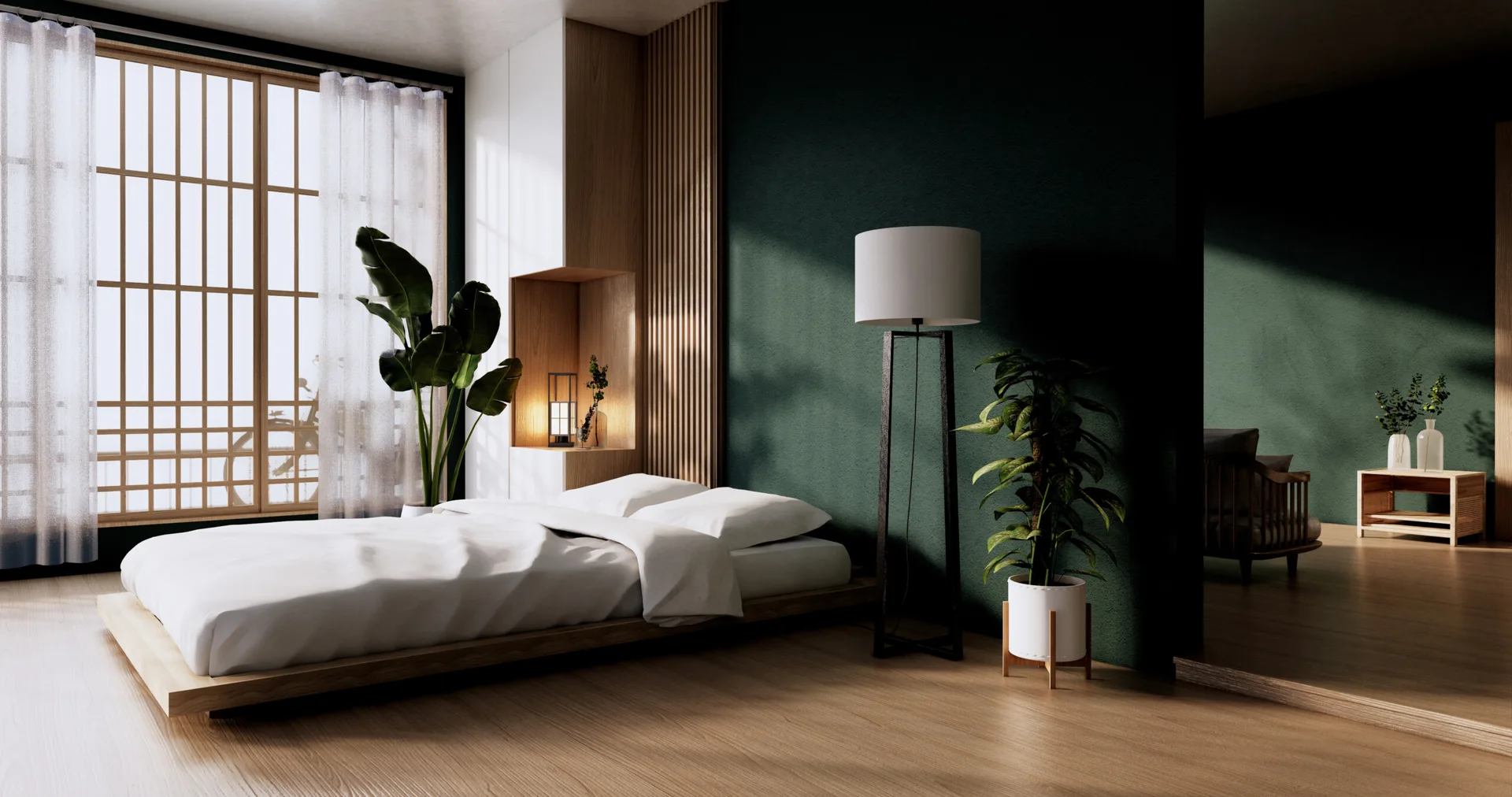 A minimalist Japandi bedroom featuring a low wooden platform bed next to a textured wood slat panel and a dark green accent wall.