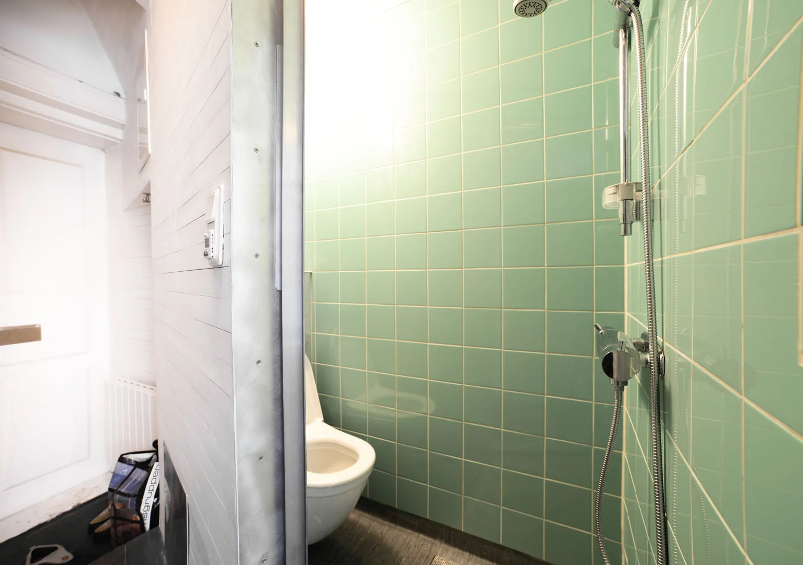 A small bathroom features a shower area with mint green square wall tiles, chrome fixtures, a white toilet, and a brushed metal door frame.