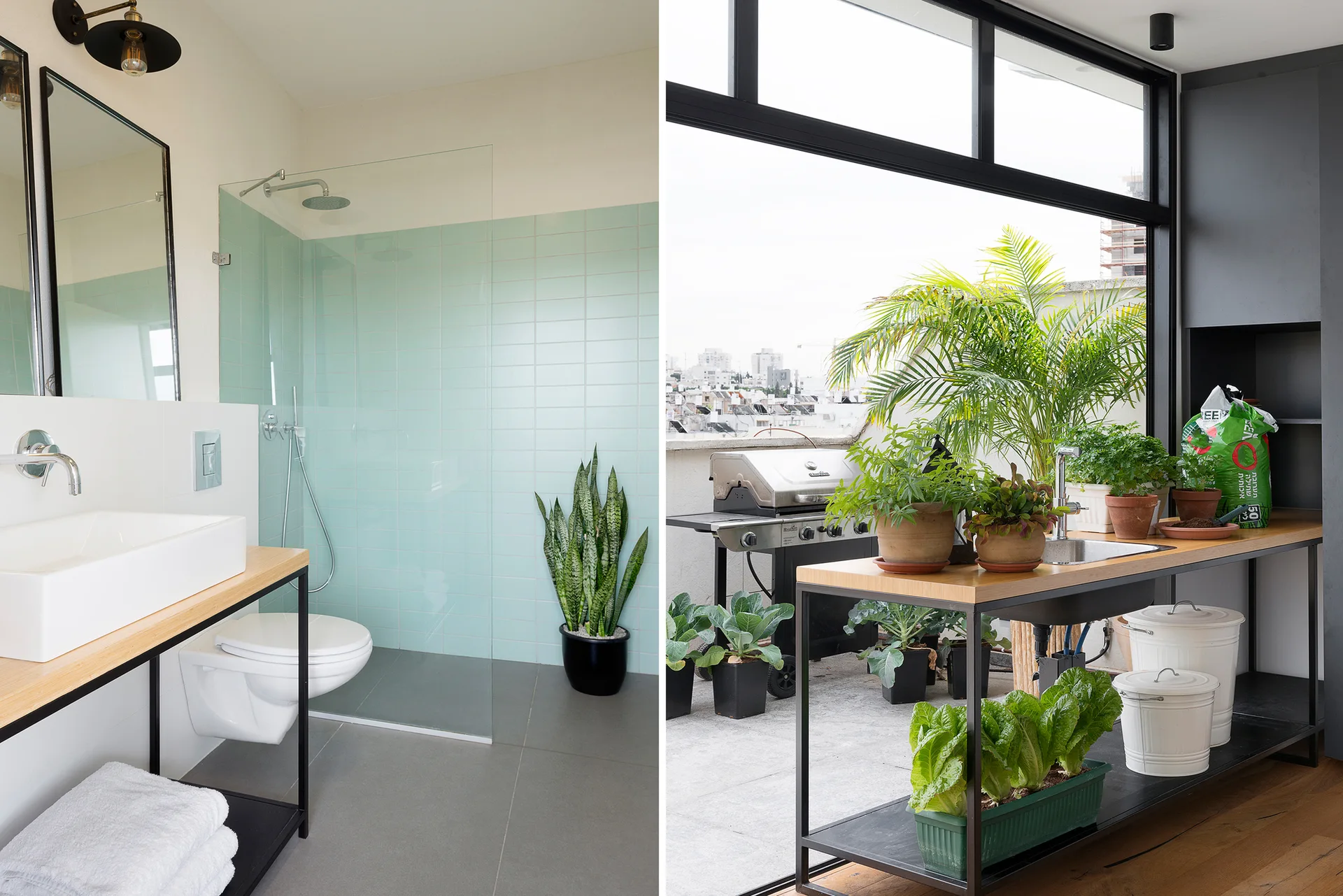 A composite image displaying a modern bathroom with mint green tiling on the left and an outdoor terrace with plants and a wooden workbench on the right.