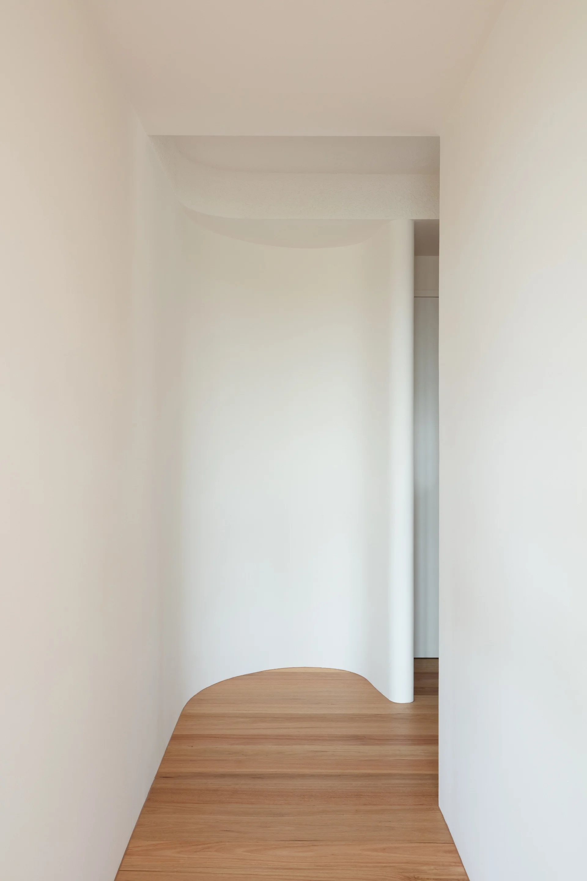 A minimalist interior corridor features a smooth curved white plaster wall and light natural wood plank flooring.