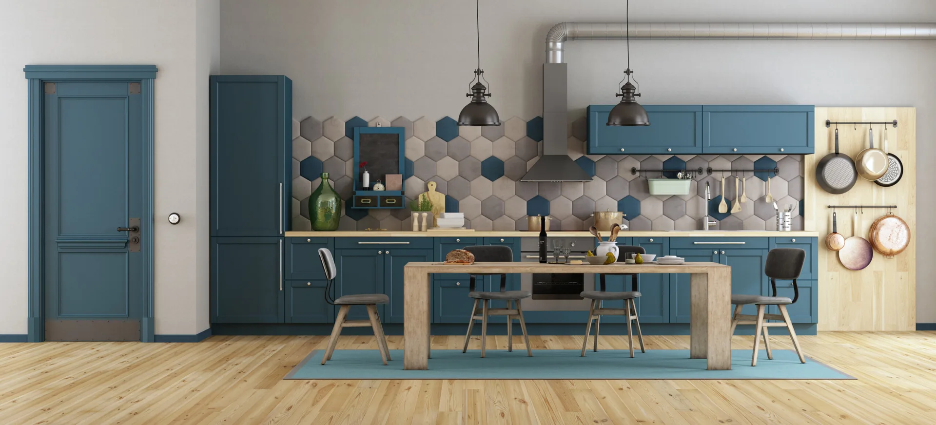 A contemporary kitchen featuring matte blue cabinetry, a multi-colored hexagonal tile backsplash, and a light wood dining table.