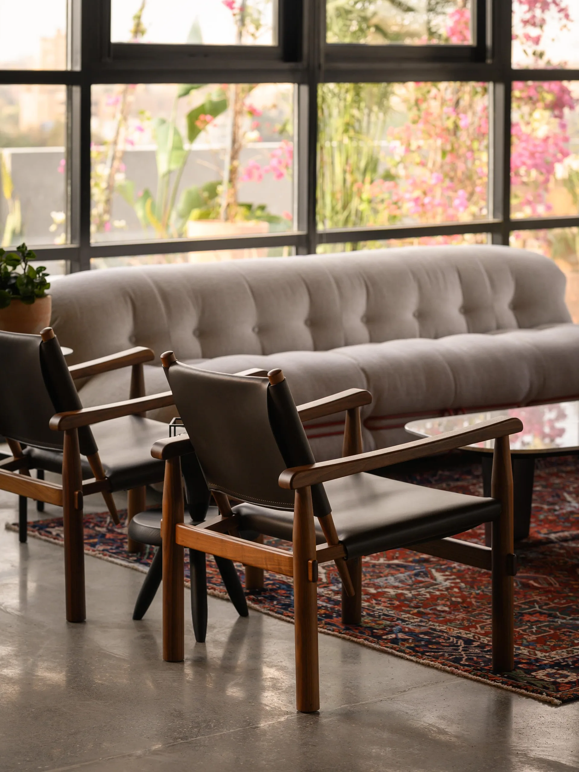 Two dark leather armchairs with wooden frames stand on a patterned rug in front of a light grey tufted sofa and large windows.