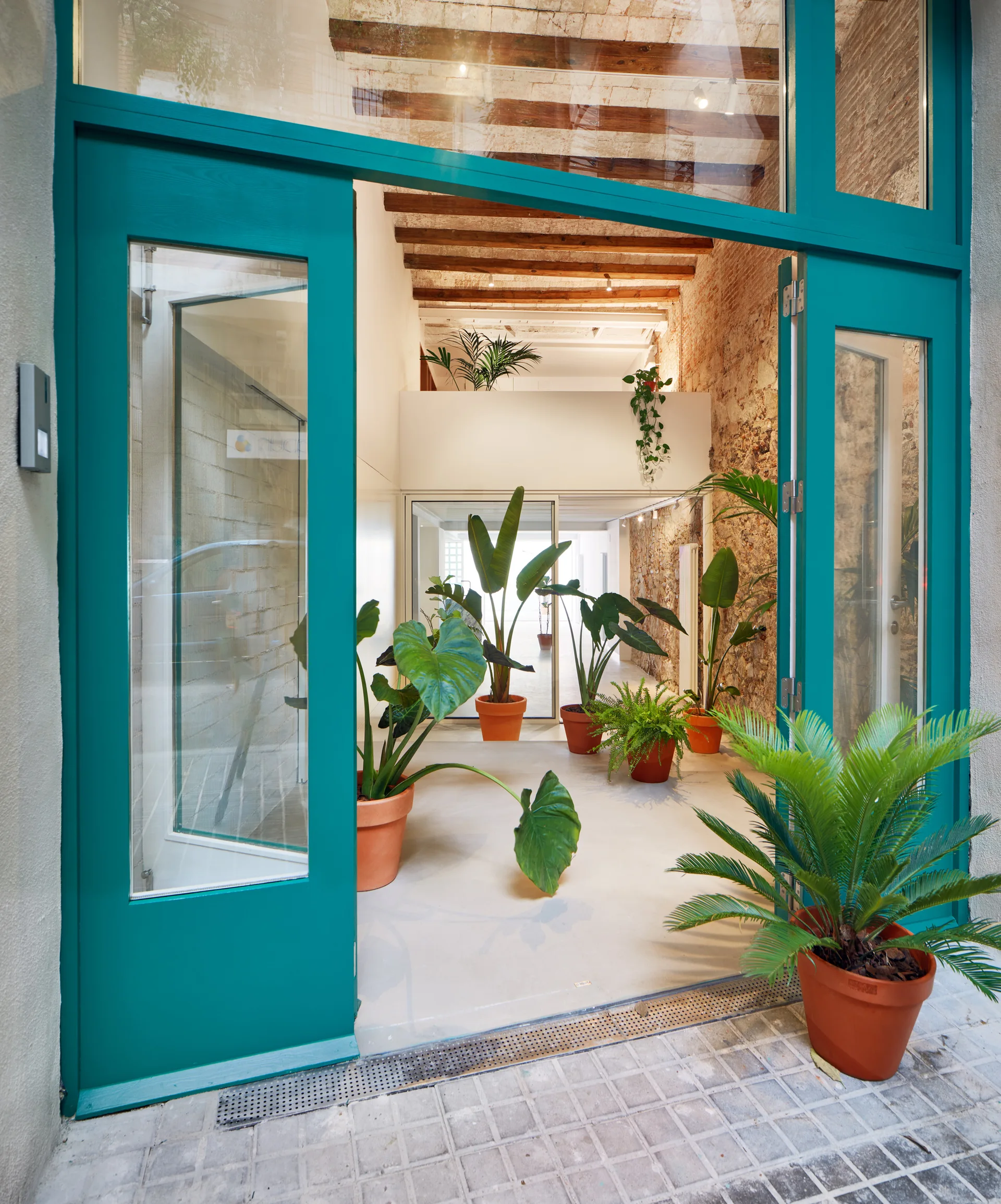 An open teal double door leads into a bright entryway filled with terracotta potted plants, exposed brick walls, and rustic wooden ceiling beams.