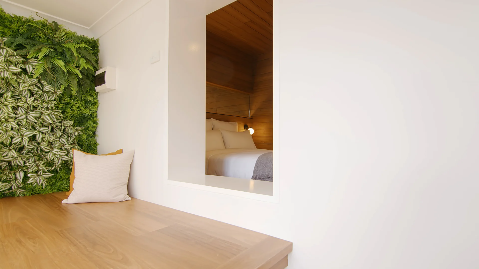 A white wall with a rectangular cutout reveals a wood-paneled bedroom, situated next to a wooden platform bench and a lush vertical garden.
