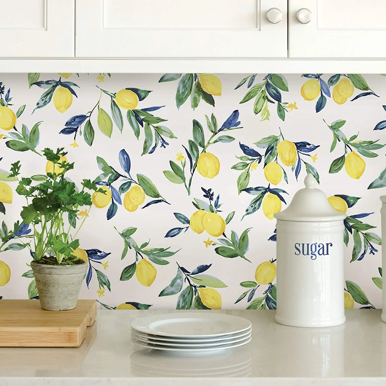 A kitchen counter features a lemon patterned wallpaper backsplash, white upper cabinets, a ceramic sugar canister, and a small potted plant.