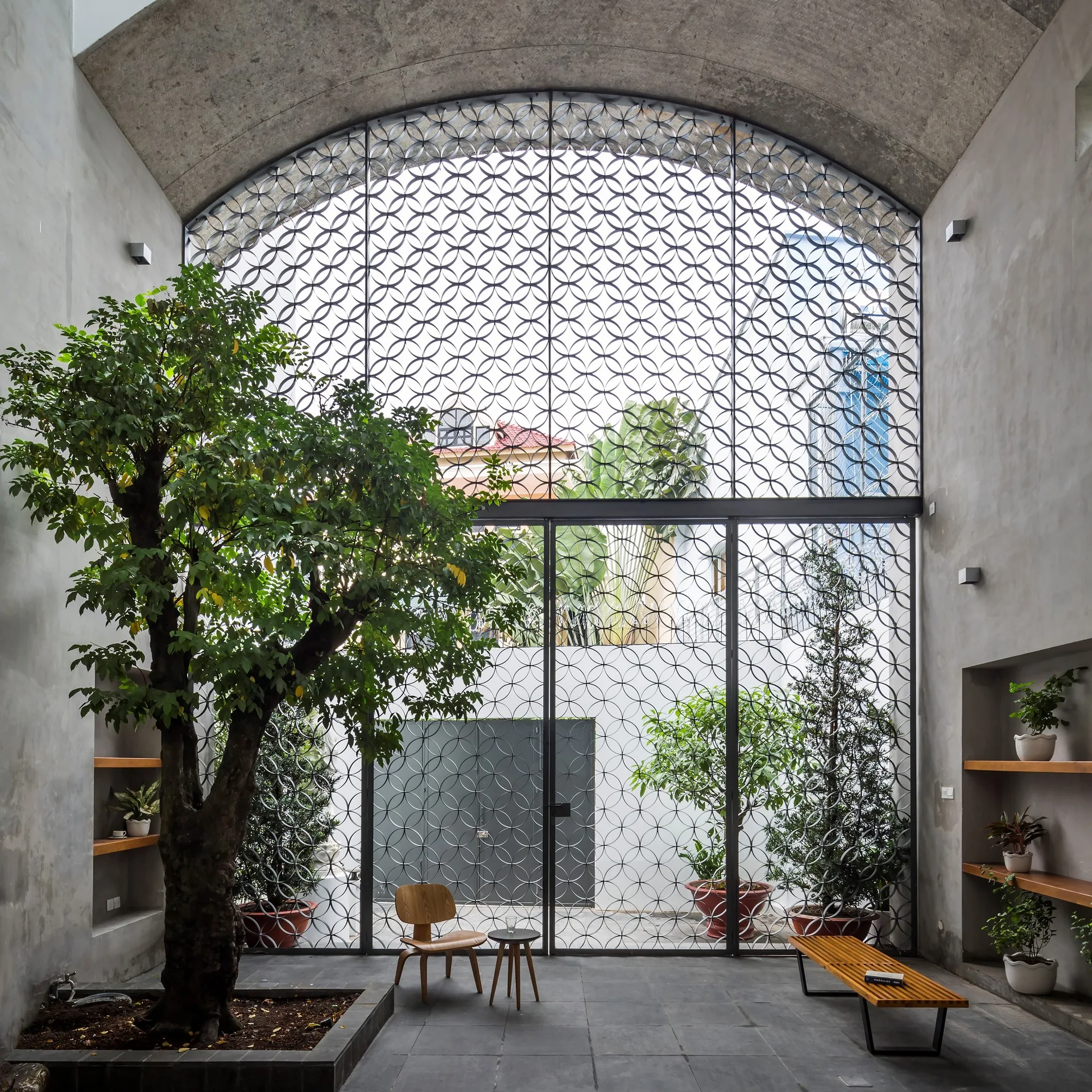 A minimalist indoor atrium featuring a large live tree, a vaulted concrete ceiling, and an arched metal screen with a geometric circle pattern.