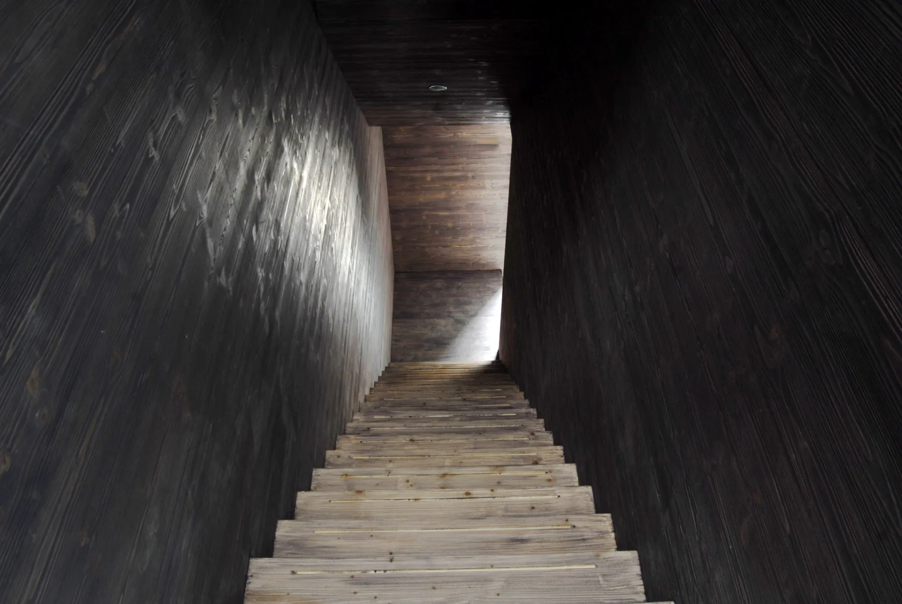 A descending wooden staircase with light natural wood steps is enclosed by dark charcoal stained wood paneled walls.