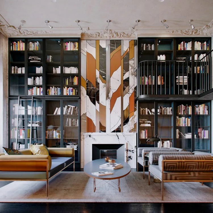 A two-story library features dark glass-fronted bookcases, a rolling ladder, a mezzanine, and a white marble fireplace with a geometric inlay.