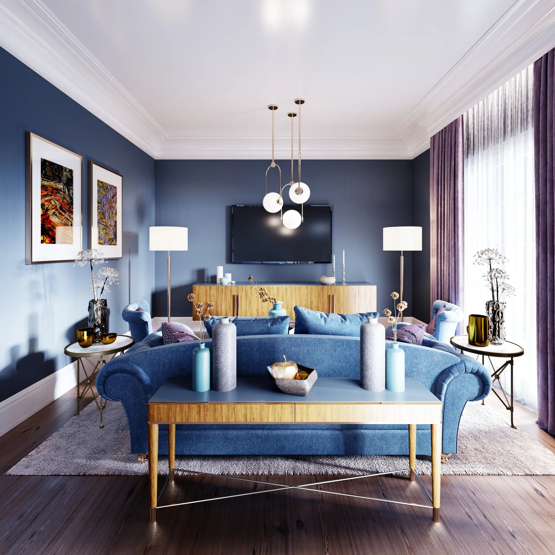 A symmetrical blue living room featuring a curved blue sofa, a wood console table, and dark blue painted walls.