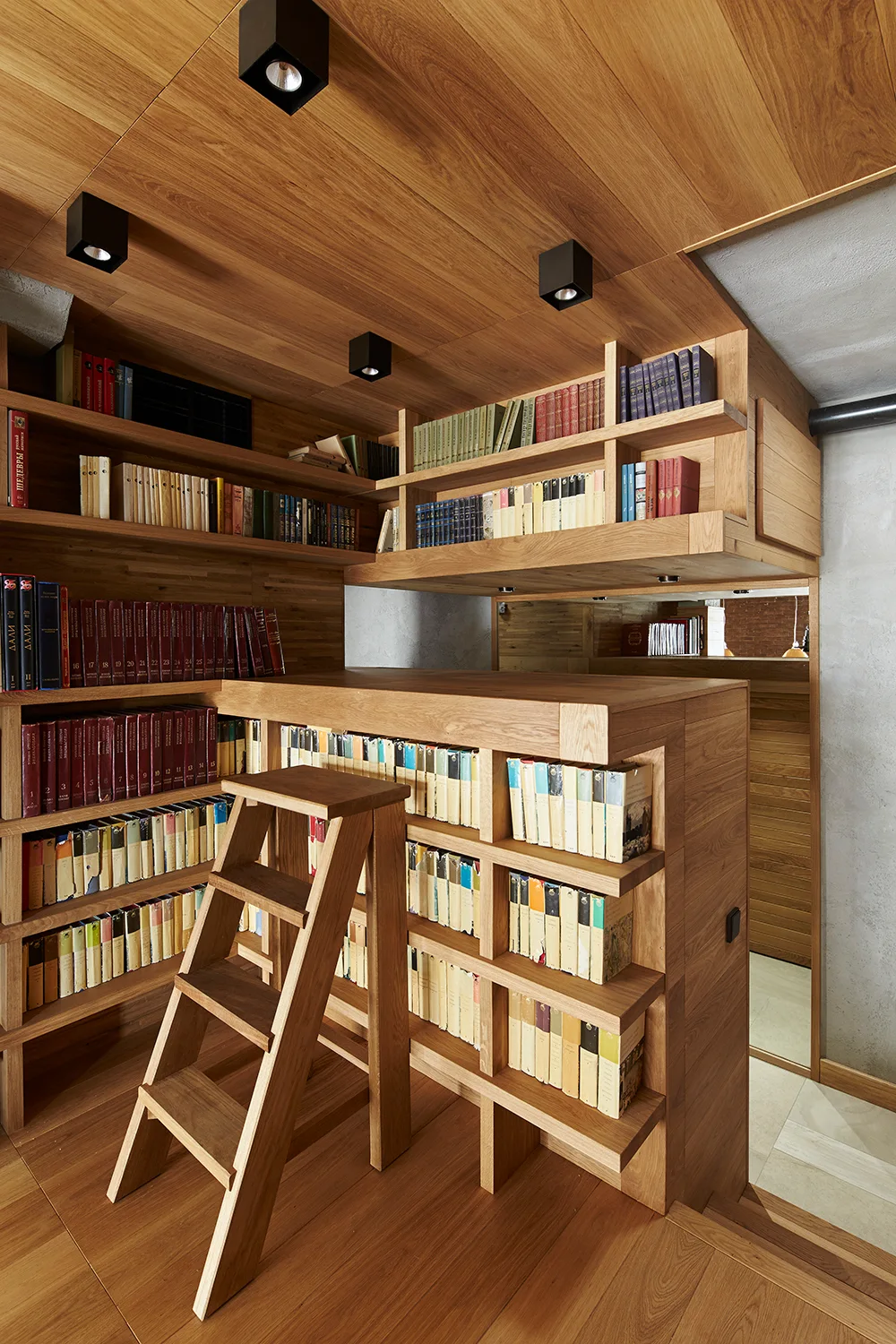 A multi-level home library featuring custom wood built-in shelving filled with books, matching wooden ceiling panels, and a small step ladder.