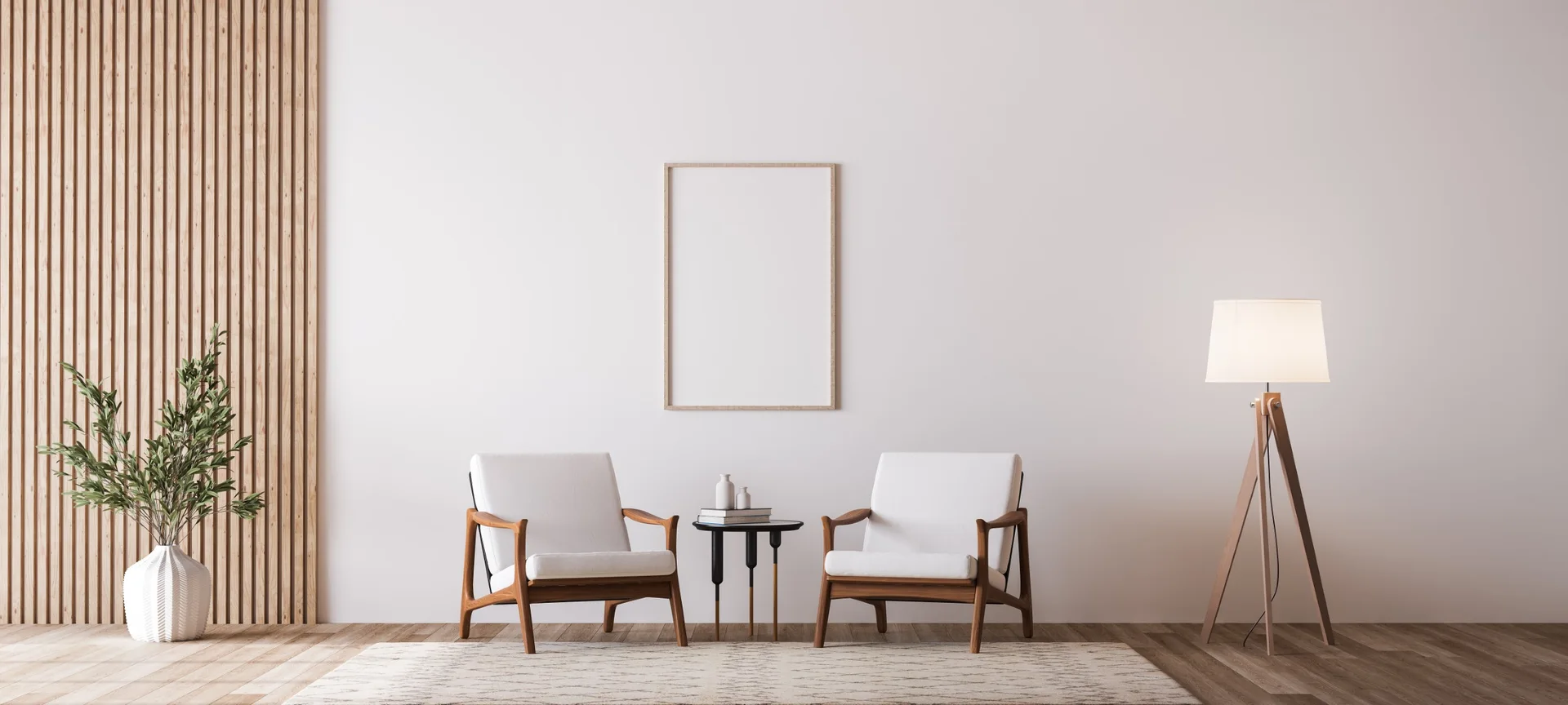 Two white armchairs flank a black side table on a light rug next to a vertical wood slat wall panel and a wooden tripod floor lamp.