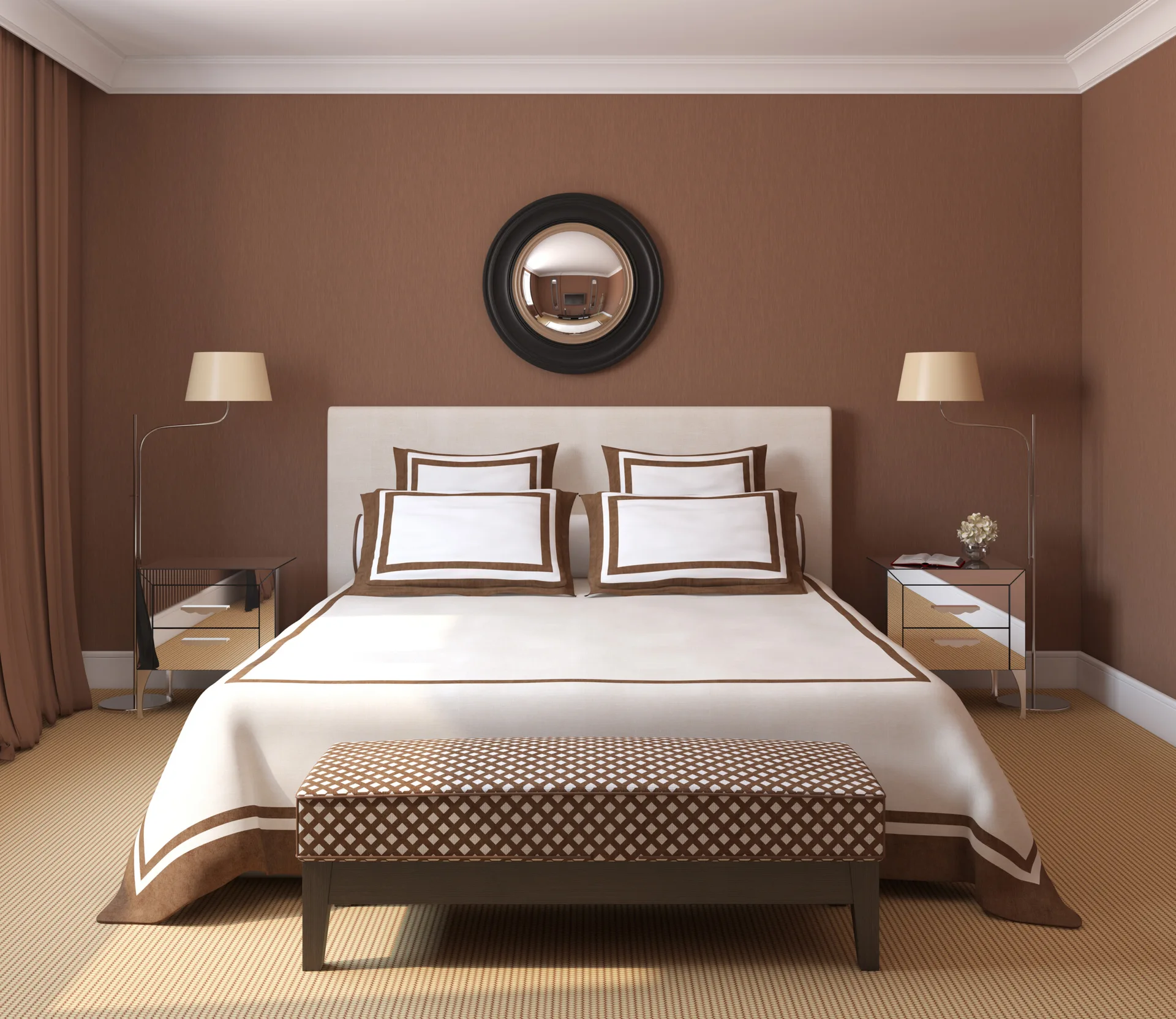 A symmetrical bedroom features a bed with white and brown bedding, flanked by mirrored nightstands and set against solid brown walls.