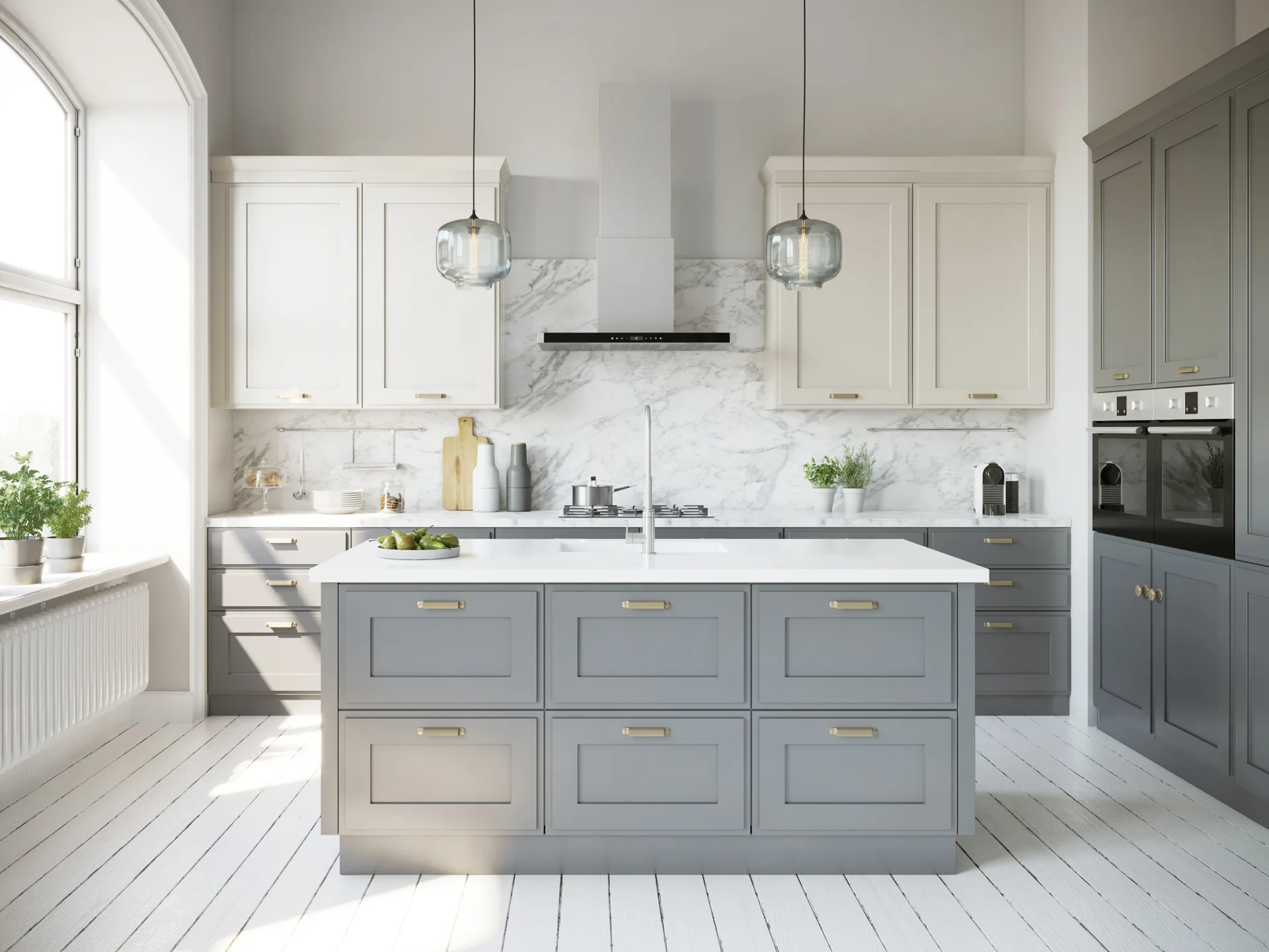 A transitional kitchen features a grey central island, two-tone grey and cream cabinetry, a marble backsplash, and white wood plank flooring.