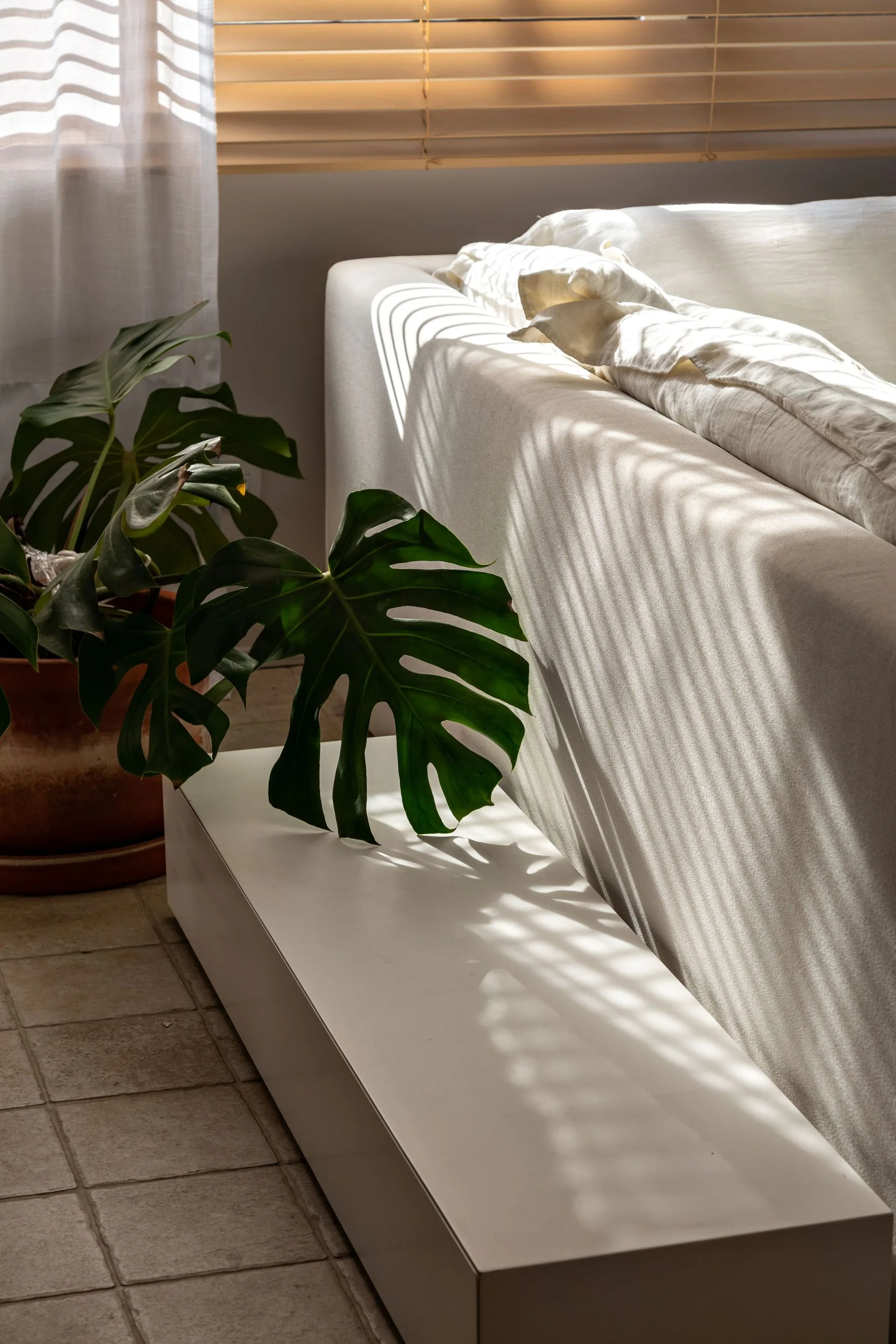 A low white bench sits next to a cream sofa in a room where window blinds cast graphic slatted shadows across the furniture and a potted monstera.