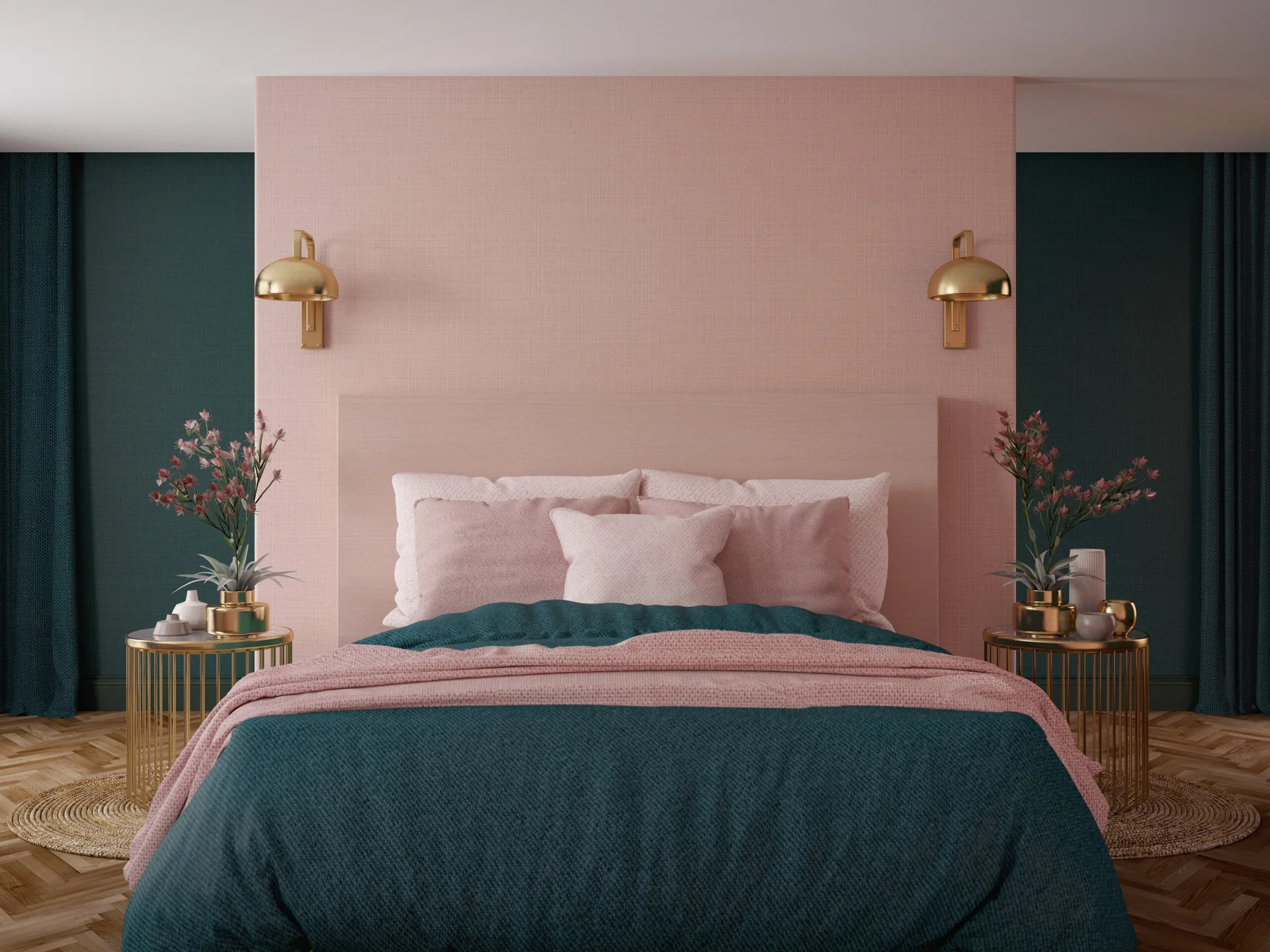 A symmetric bedroom features a pink textured wall panel behind the bed, dark green side walls, gold wall sconces, and gold circular side tables.