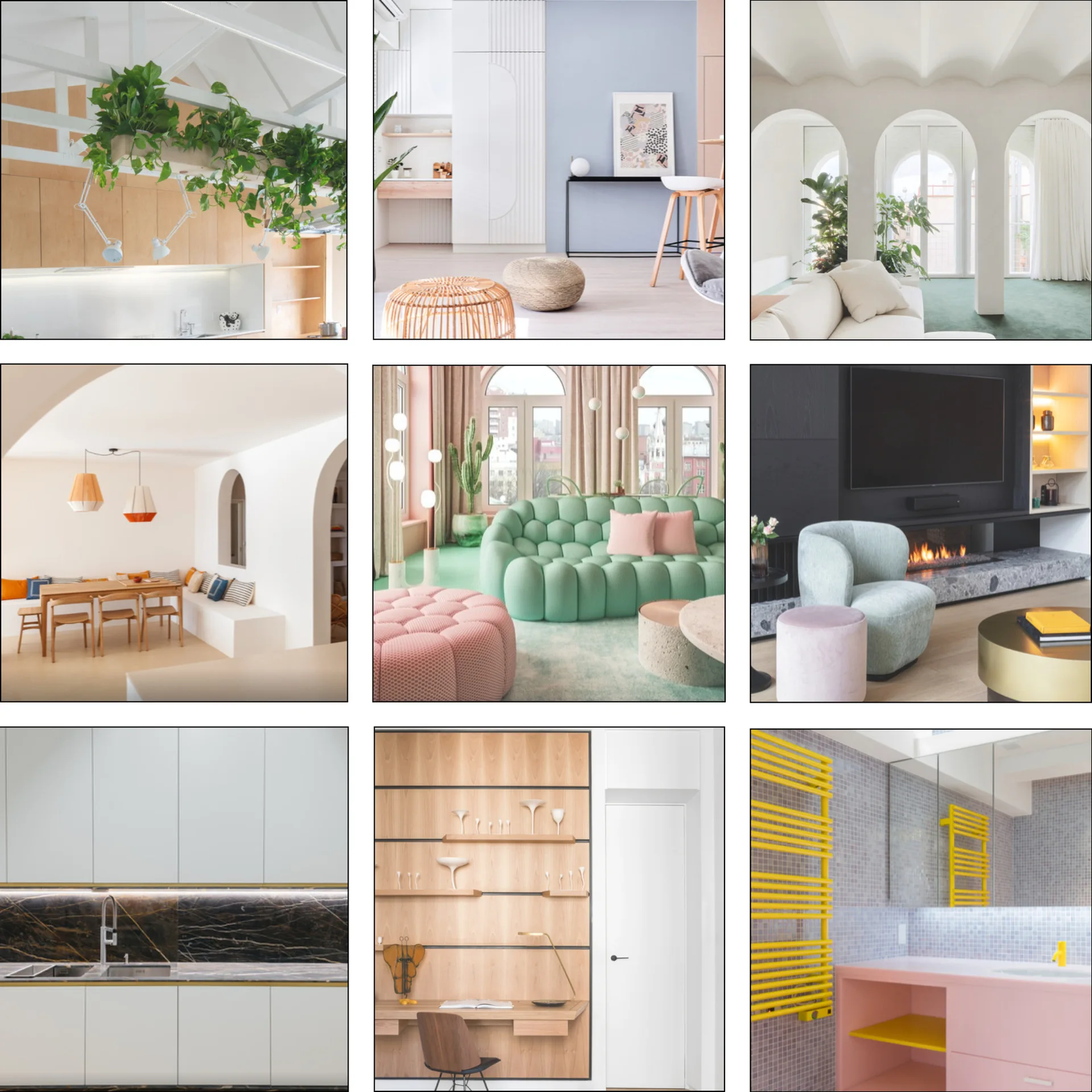 A nine-panel collage of modern interior designs featuring soft pastel furniture, arched doorways, light wood built-ins, and clean minimalist layouts.