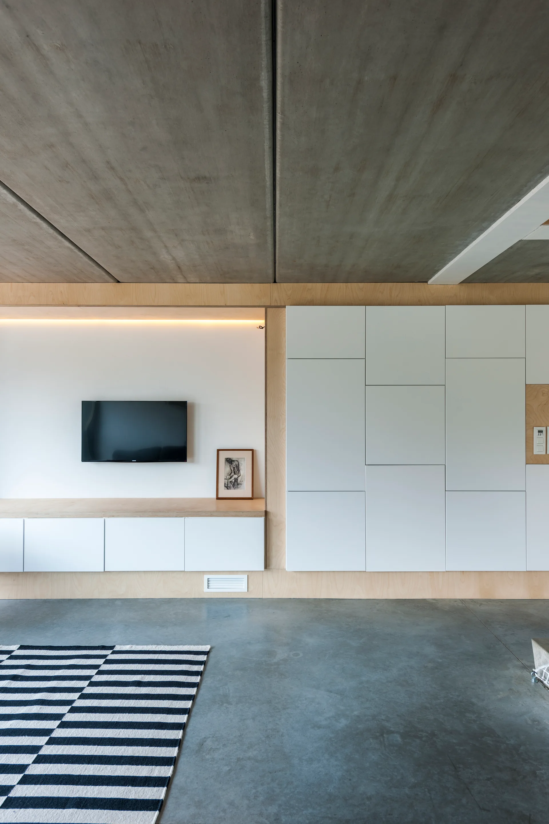 A modern living room features raw concrete surfaces, a black and white striped rug, and custom white cabinetry framed with light wood.
