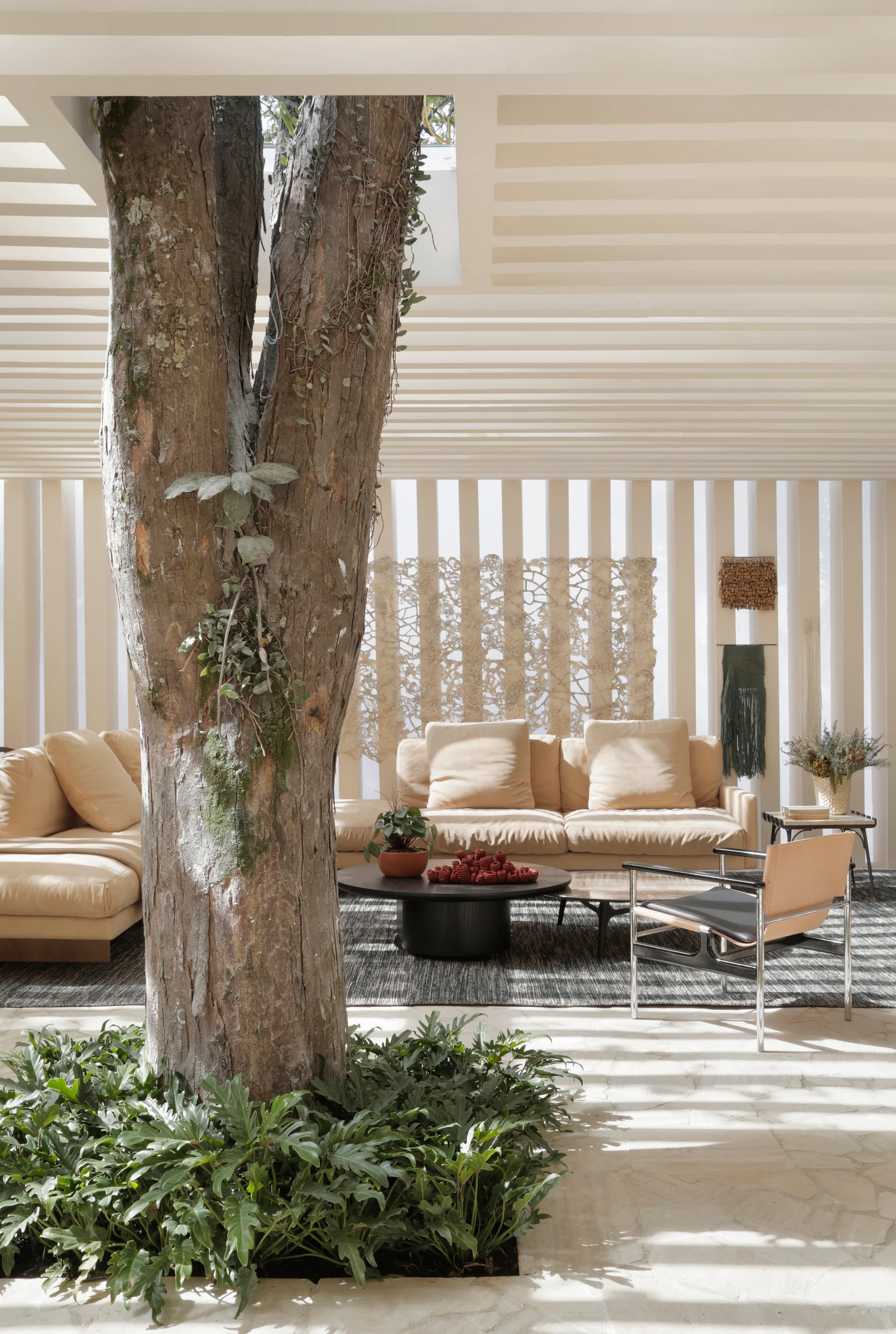 A large living tree trunk rises from the stone floor through a ceiling cutout in a modern lounge area with tan leather sofas and a slatted accent wall.