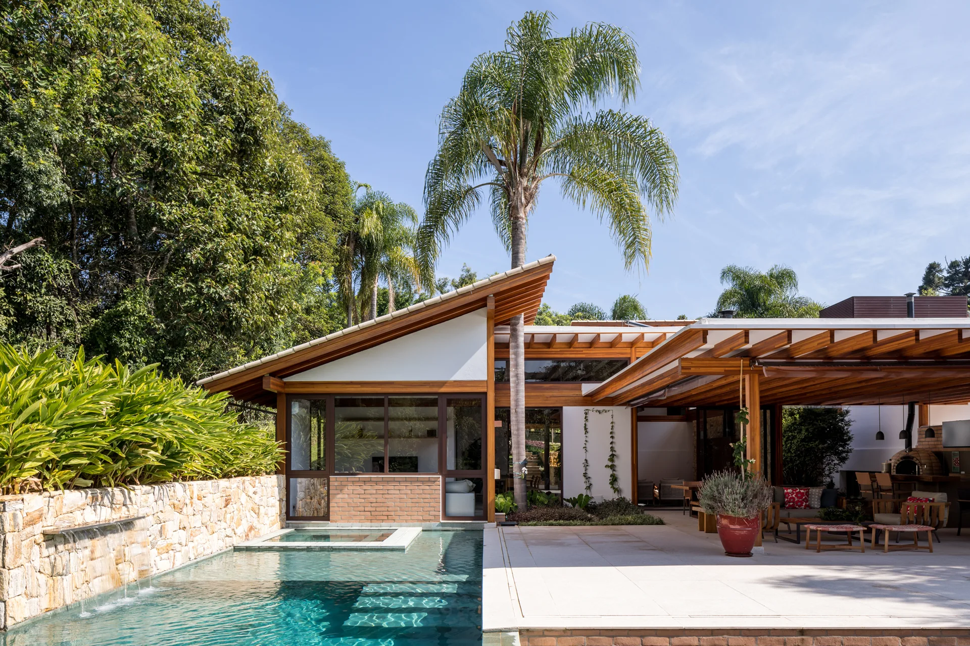 A modern outdoor patio features a rectangular swimming pool next to a covered wooden pergola, a stacked stone wall, and a tall palm tree.
