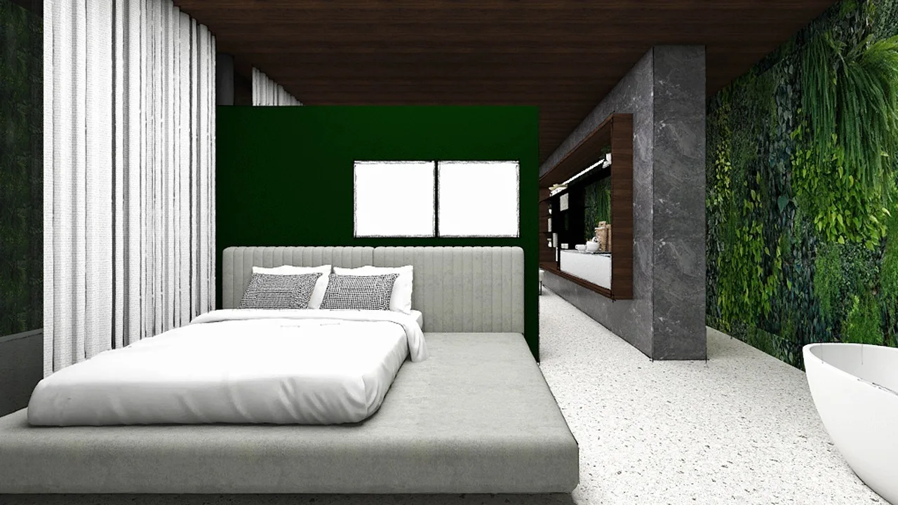 A contemporary bedroom suite with a low-profile platform bed against a deep green accent wall, light terrazzo flooring, and an adjacent soaking tub.