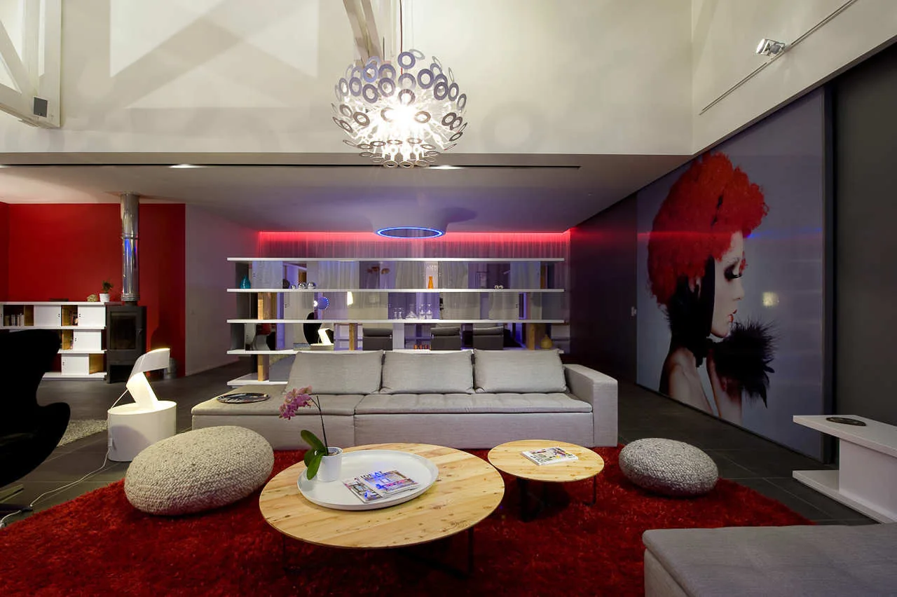 A contemporary living room features a grey sofa on a red shag rug, round wooden coffee tables, and an open bookshelf dividing the space.