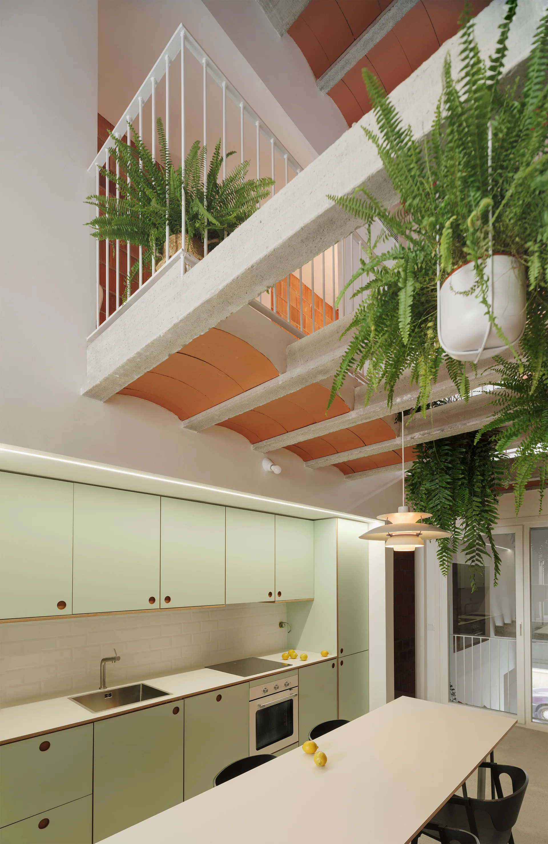 A modern kitchen features sage green flat-panel cabinets, white countertops, and hanging green ferns beneath a vaulted terracotta brick ceiling.