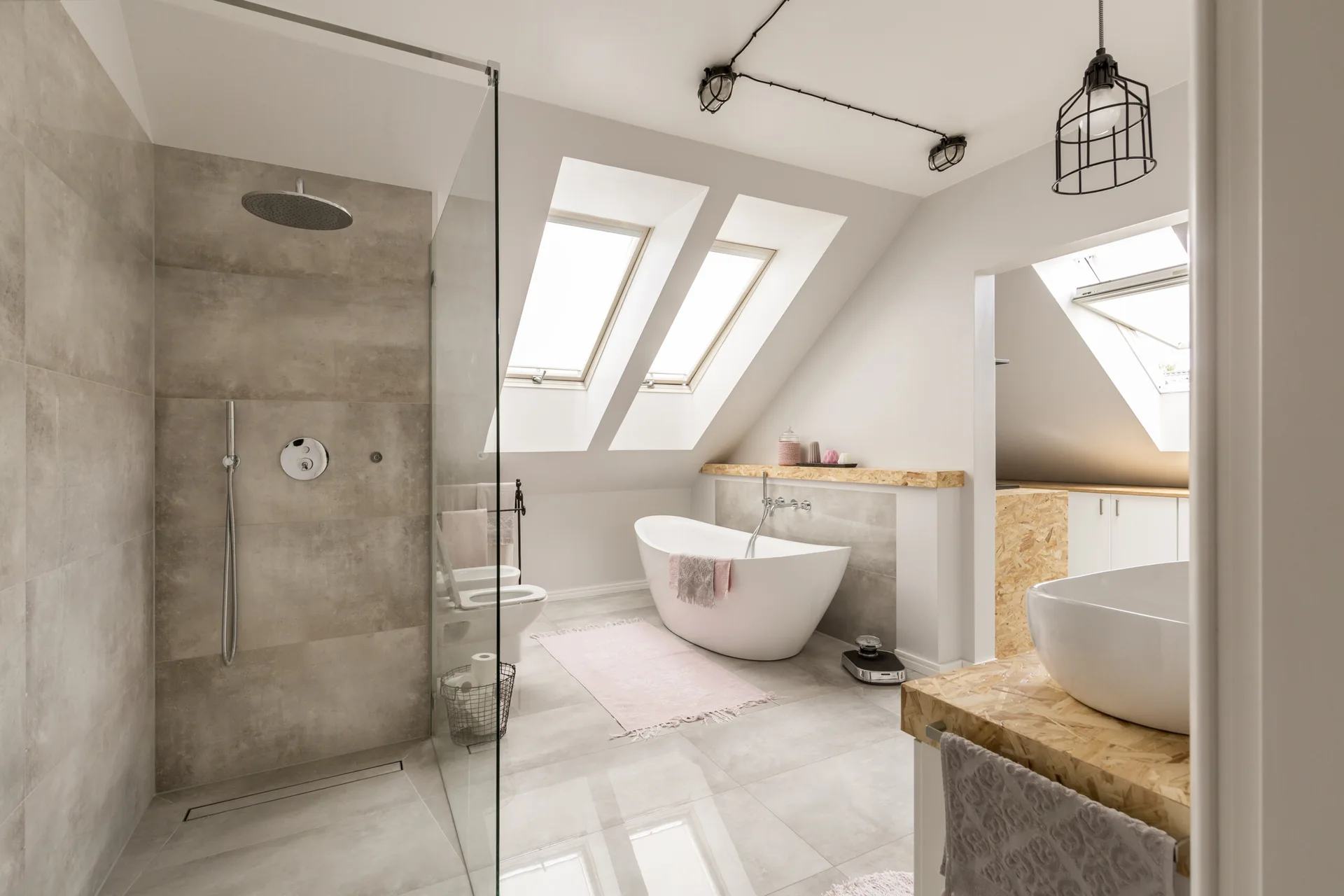 A bright attic bathroom with grey floor tiles, a freestanding bathtub under skylights, a glass-walled shower, and an OSB wood vanity.
