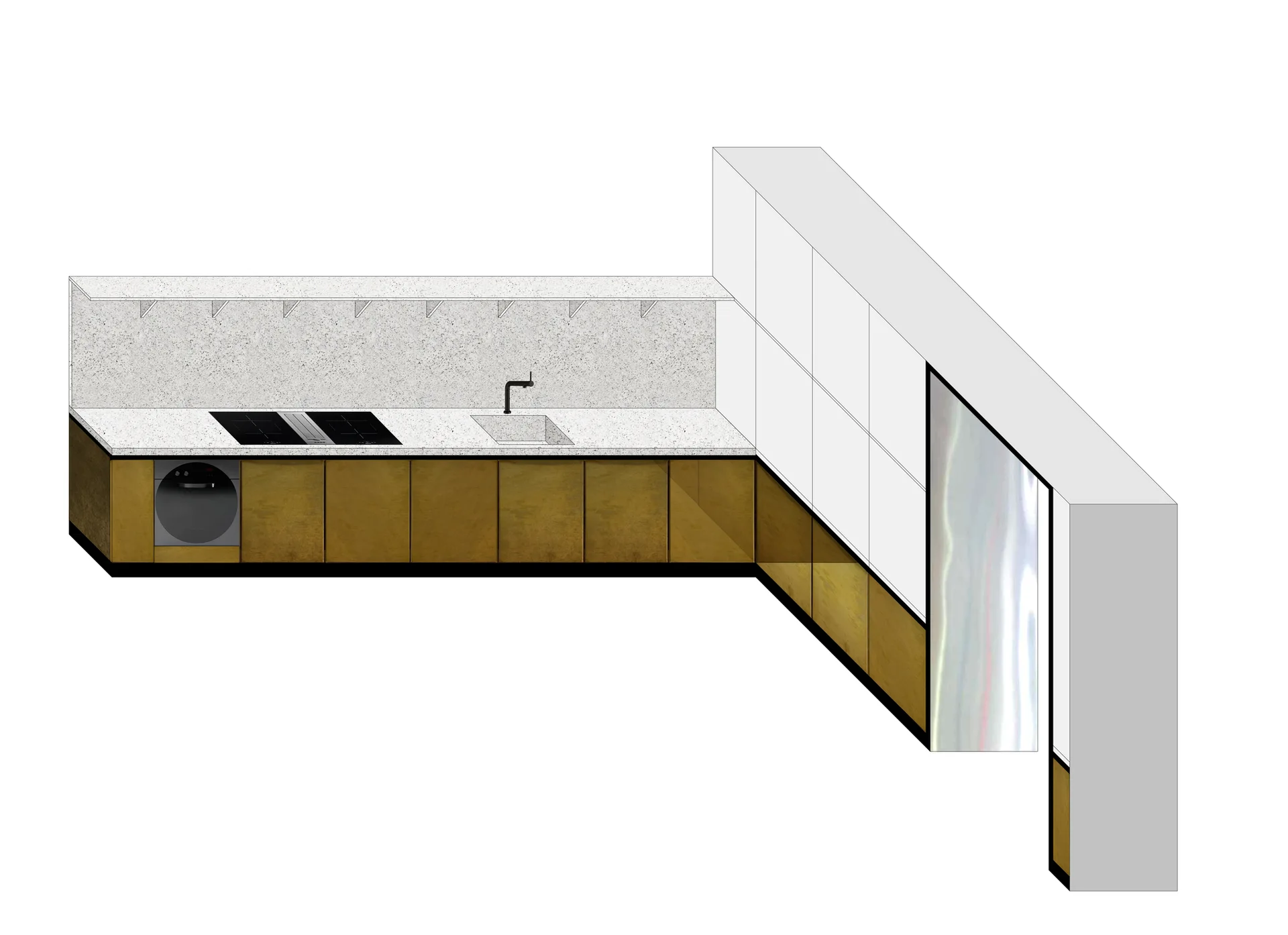 An isometric render of an L-shaped minimalist kitchen featuring brass base cabinets, a speckled white stone countertop, and tall white storage units.