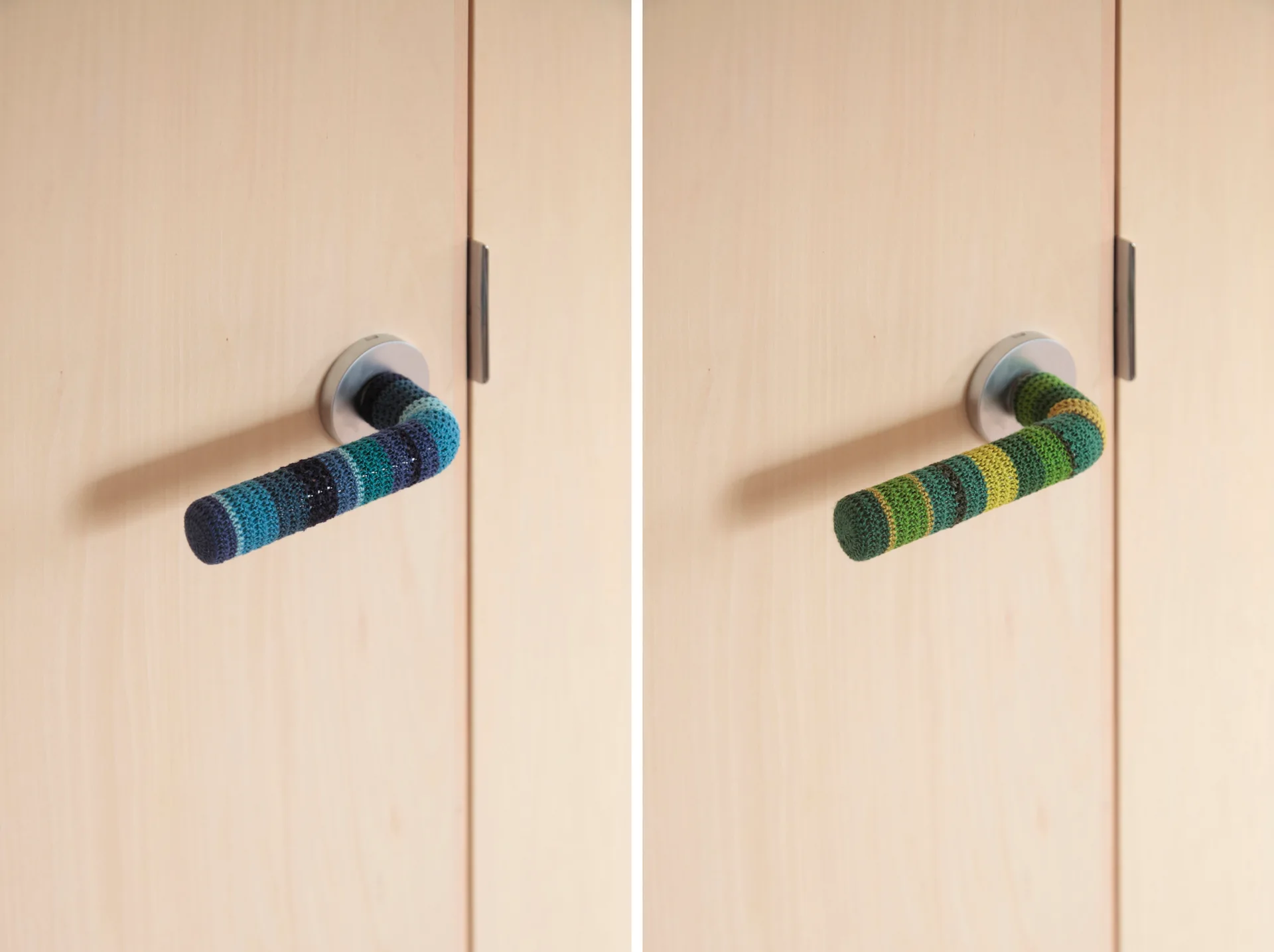 Two side-by-side photos show light wood doors with metal lever handles wrapped in colorful striped knitted yarn covers in blue and green tones.