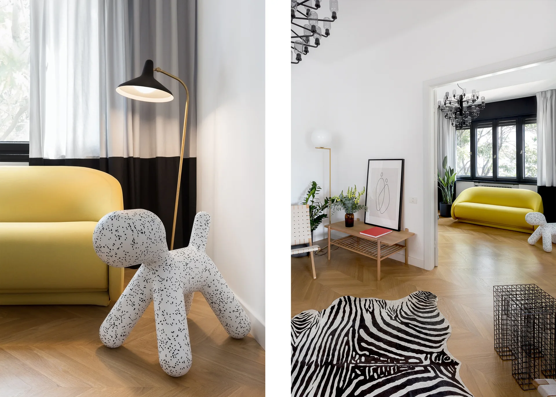 A modern living room featuring a curved yellow sofa, a black-and-white color-blocked curtain, a zebra print rug, and parquet flooring.