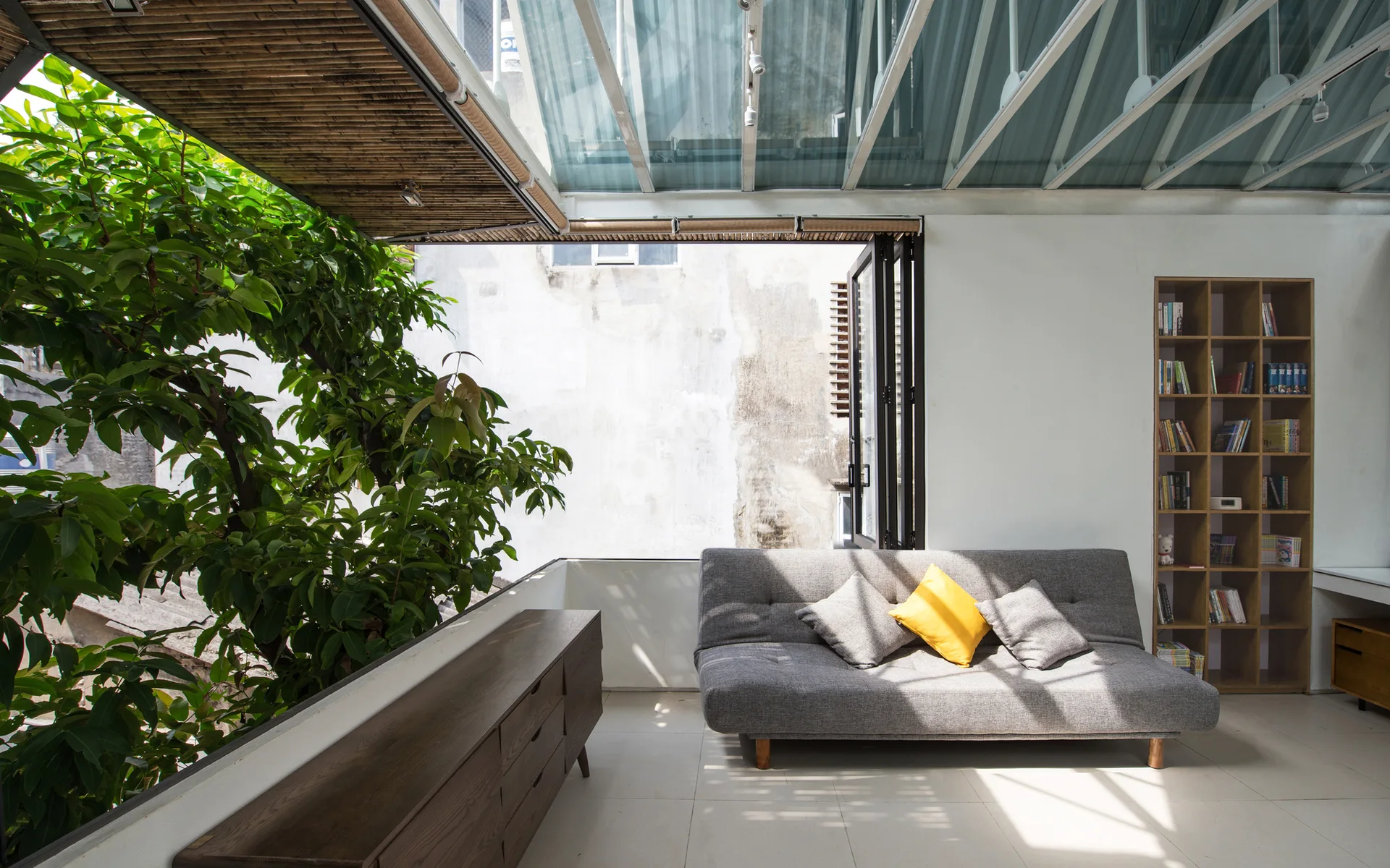 A modern living area with a grey sofa, a wooden bookcase, and a large indoor tree visible next to open folding doors under a glass roof.