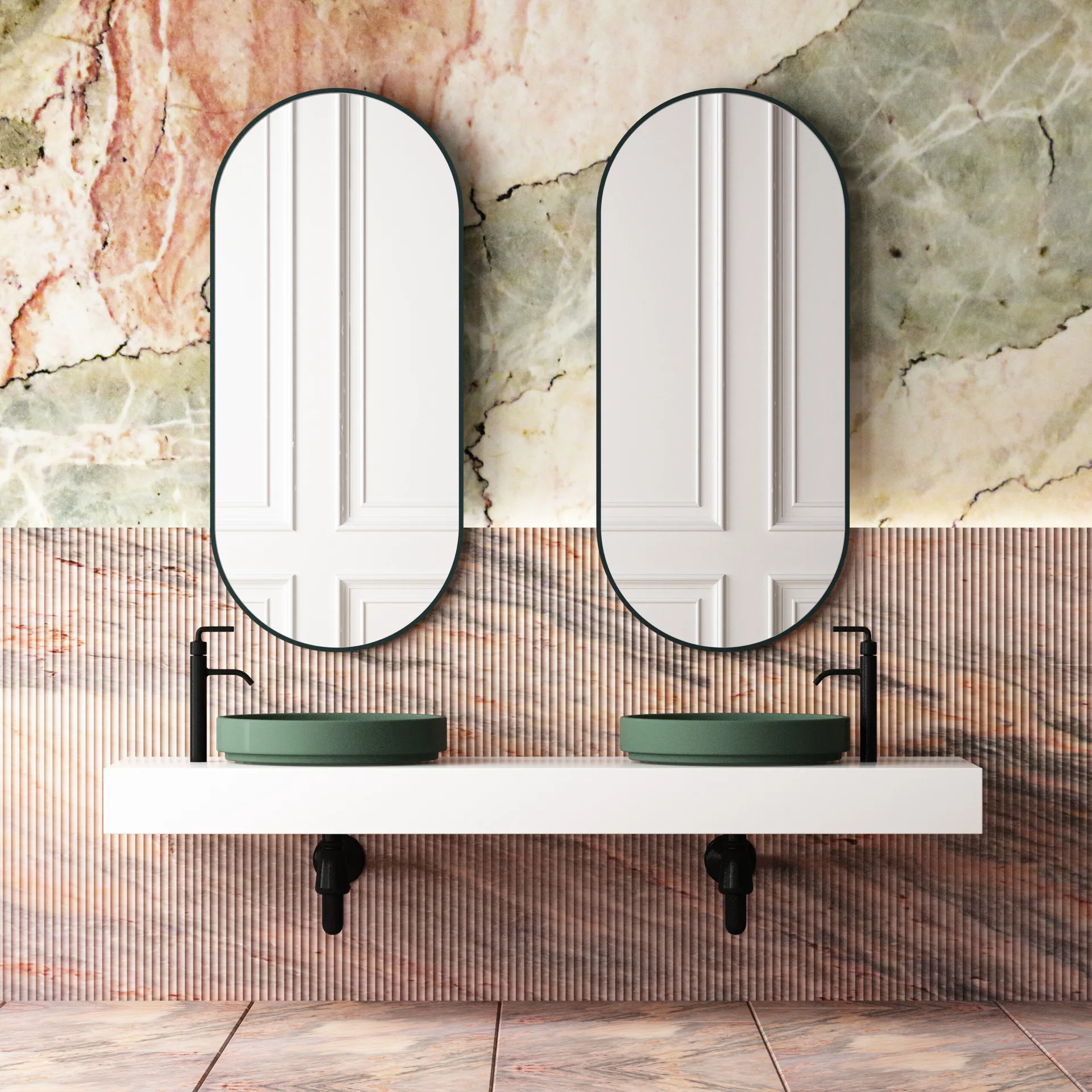 A modern bathroom vanity featuring a white floating shelf, dual green vessel sinks, black fixtures, and a veined marble wall.