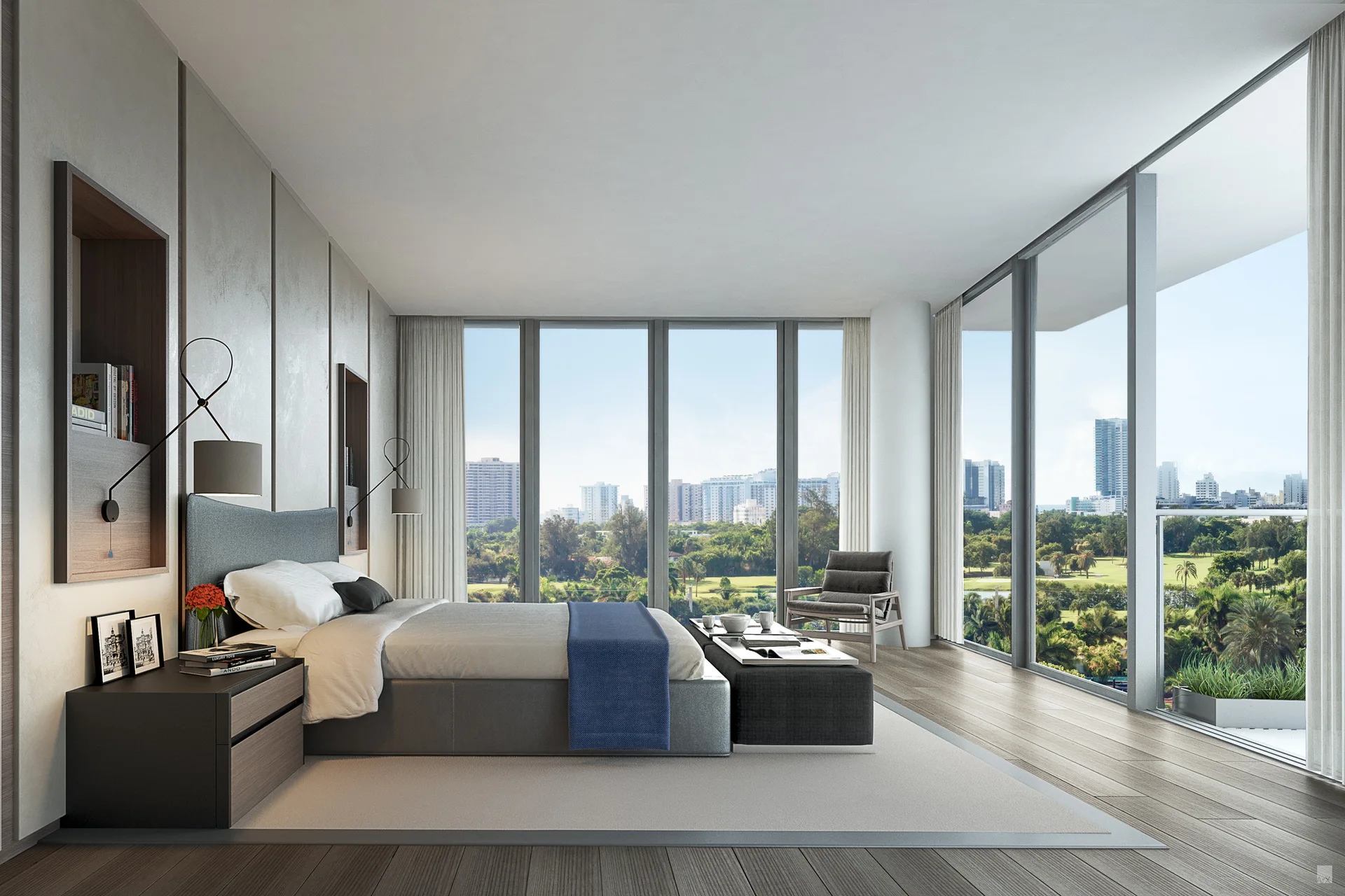 A modern bedroom features an upholstered bed, integrated wood wall panels with recessed shelves, and floor-to-ceiling windows showing a city view.