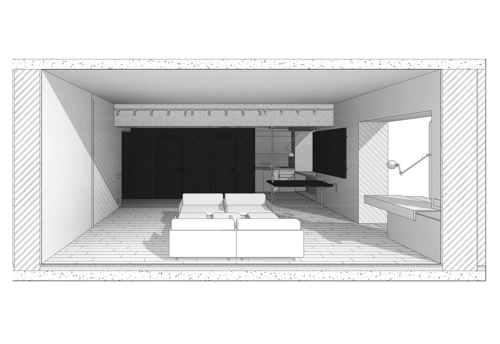 Architectural rendering of a minimalist living room with a modular central sofa, dark wall cabinets, and an exposed concrete beam.